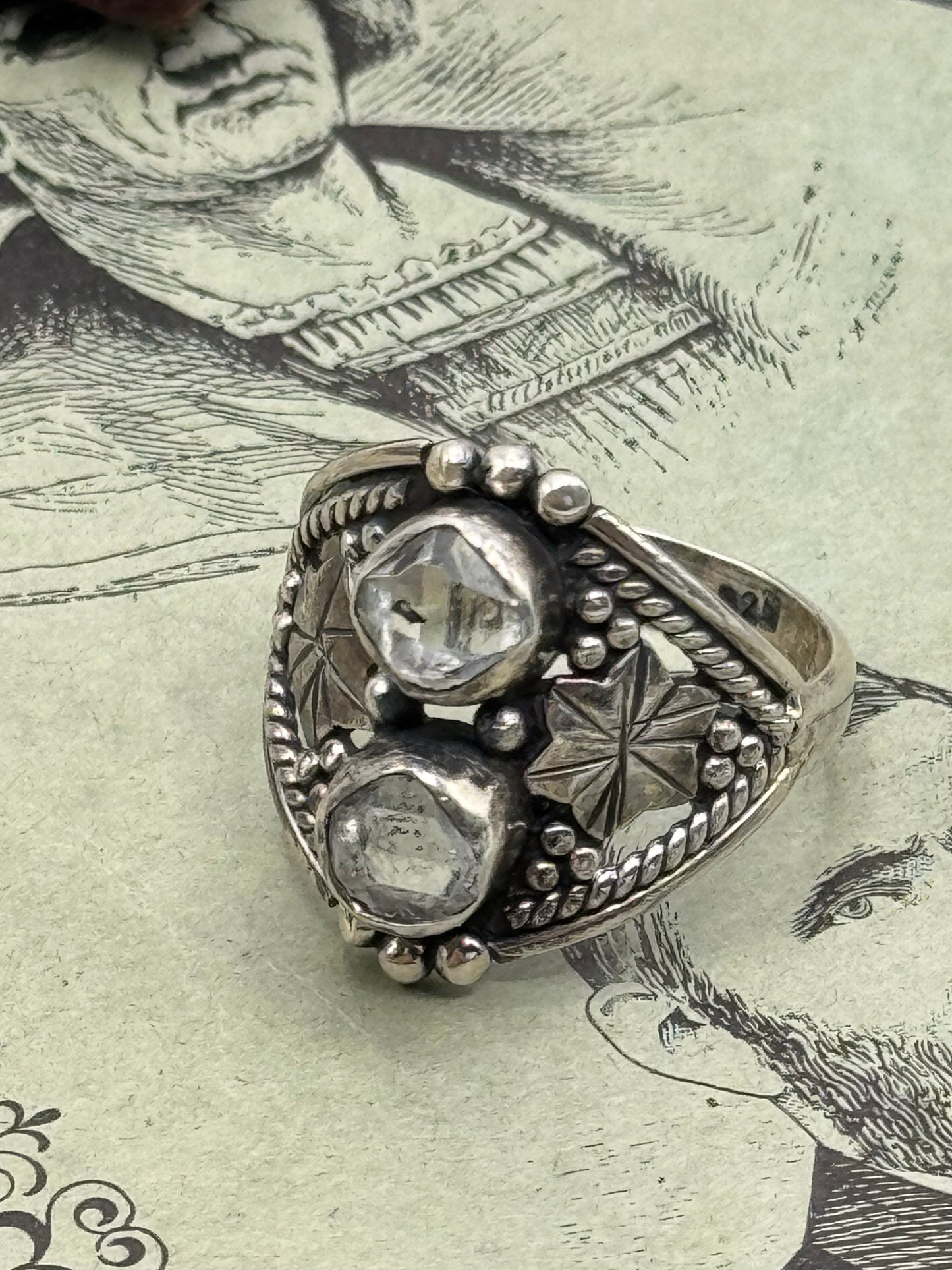 Vintage STERLING 925 Marked Artisan Ring with 2 Rough Cut Diamonds (Herkimer Diamonds) Inclusions Apparent Size 7