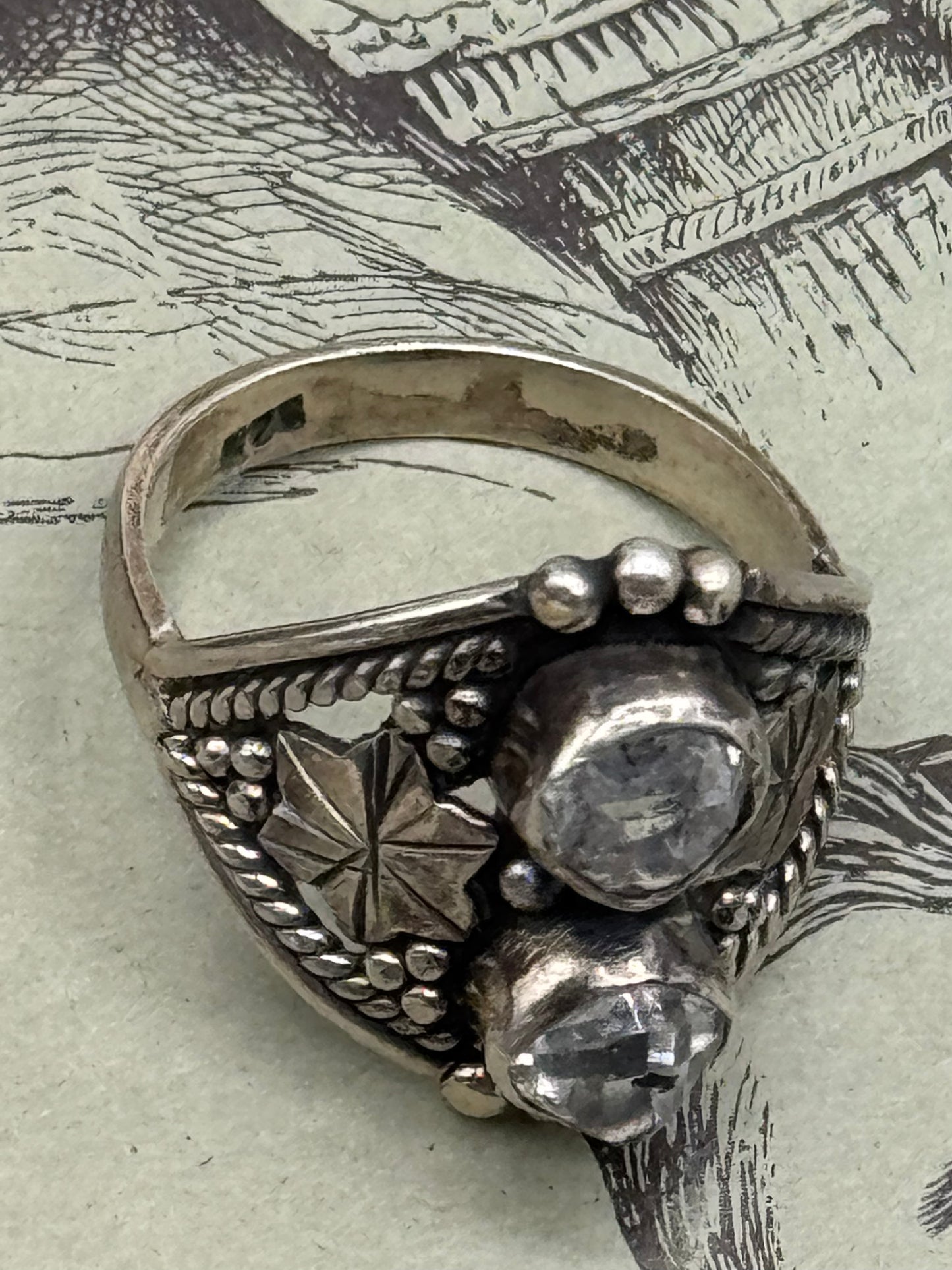 Vintage STERLING 925 Marked Artisan Ring with 2 Rough Cut Diamonds (Herkimer Diamonds) Inclusions Apparent Size 7