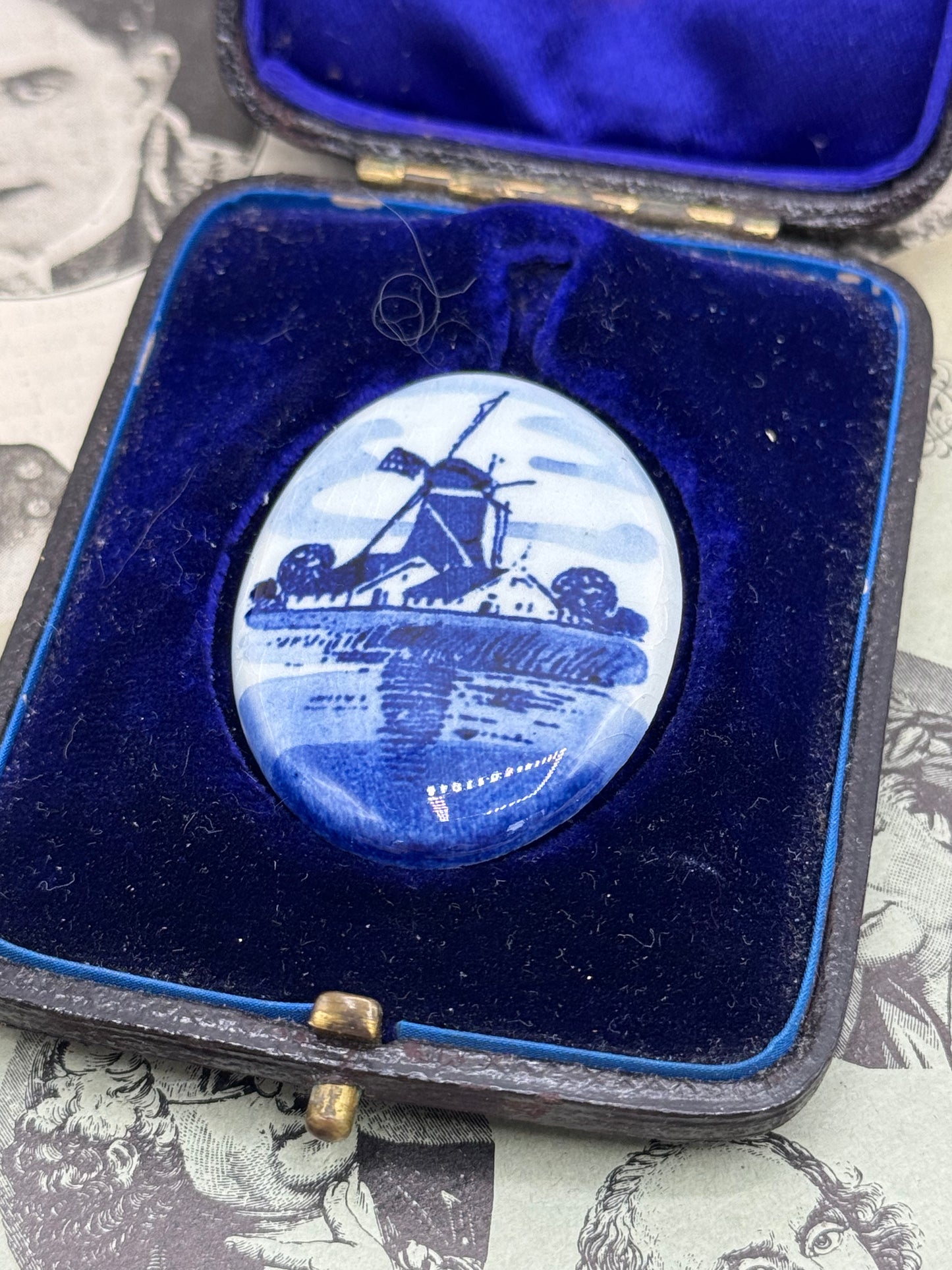Vintage Delft Style Porcelain Brooch Windmill Landscape Scene