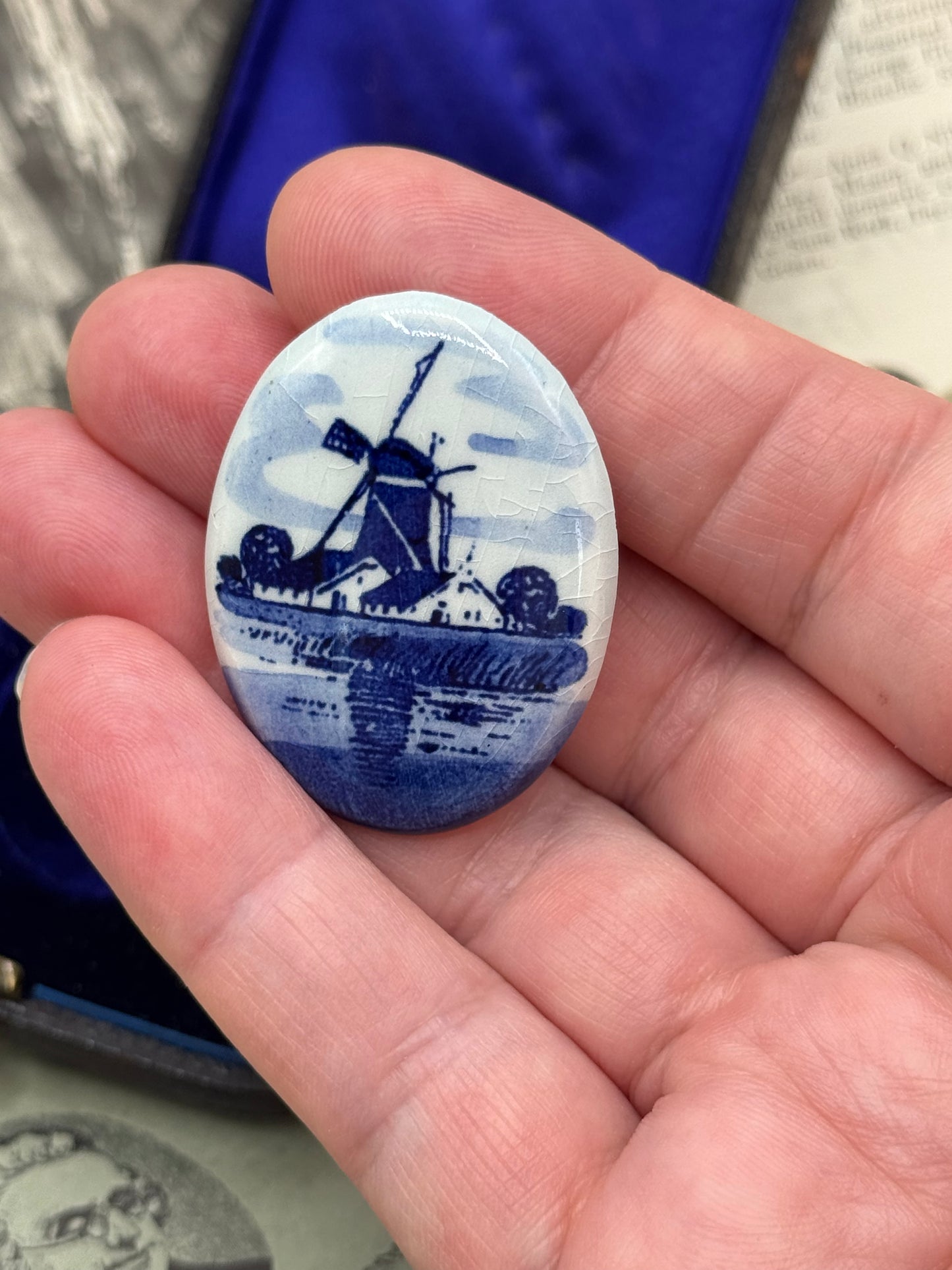 Vintage Delft Style Porcelain Brooch Windmill Landscape Scene