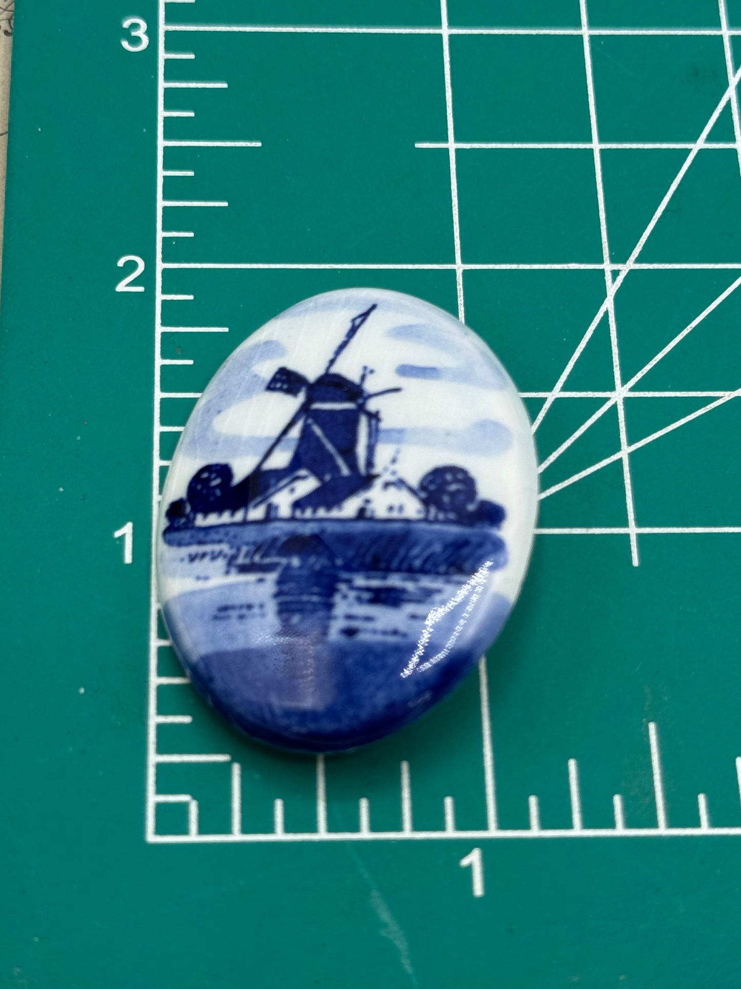 Vintage Delft Style Porcelain Brooch Windmill Landscape Scene