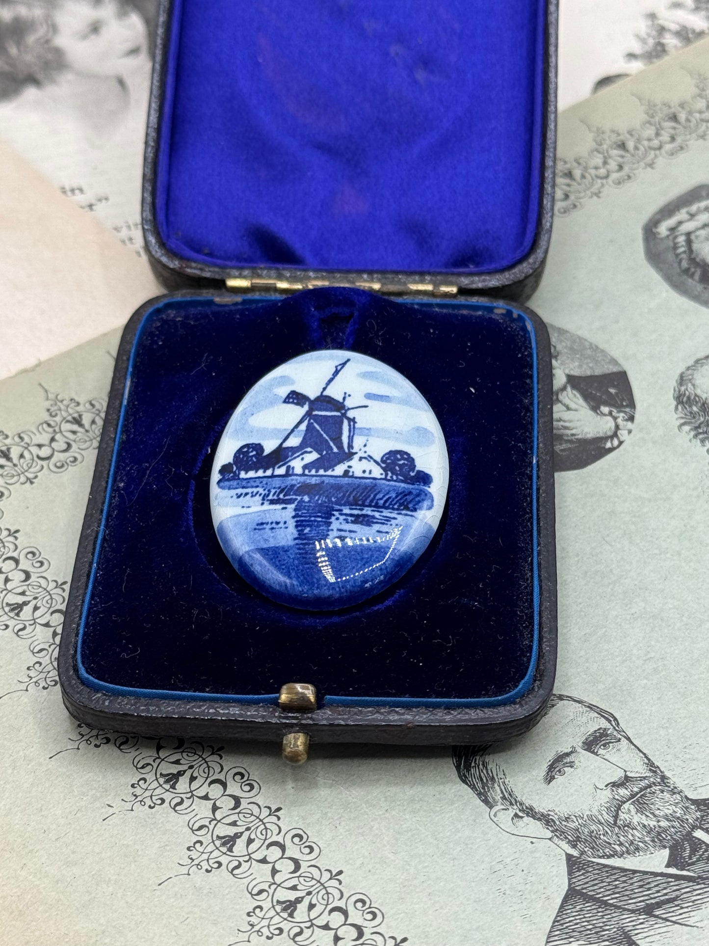 Vintage Delft Style Porcelain Brooch Windmill Landscape Scene