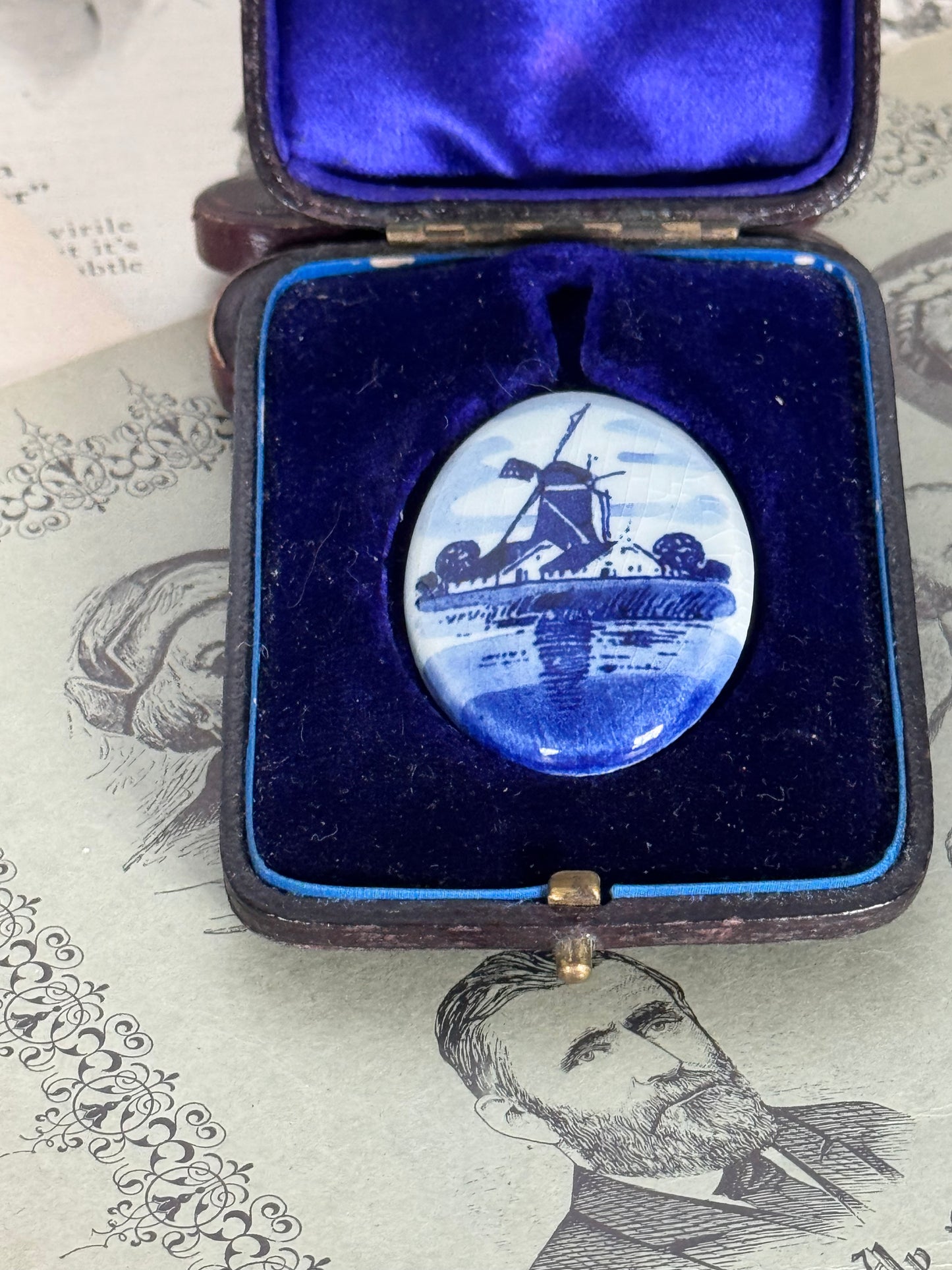 Vintage Delft Style Porcelain Brooch Windmill Landscape Scene