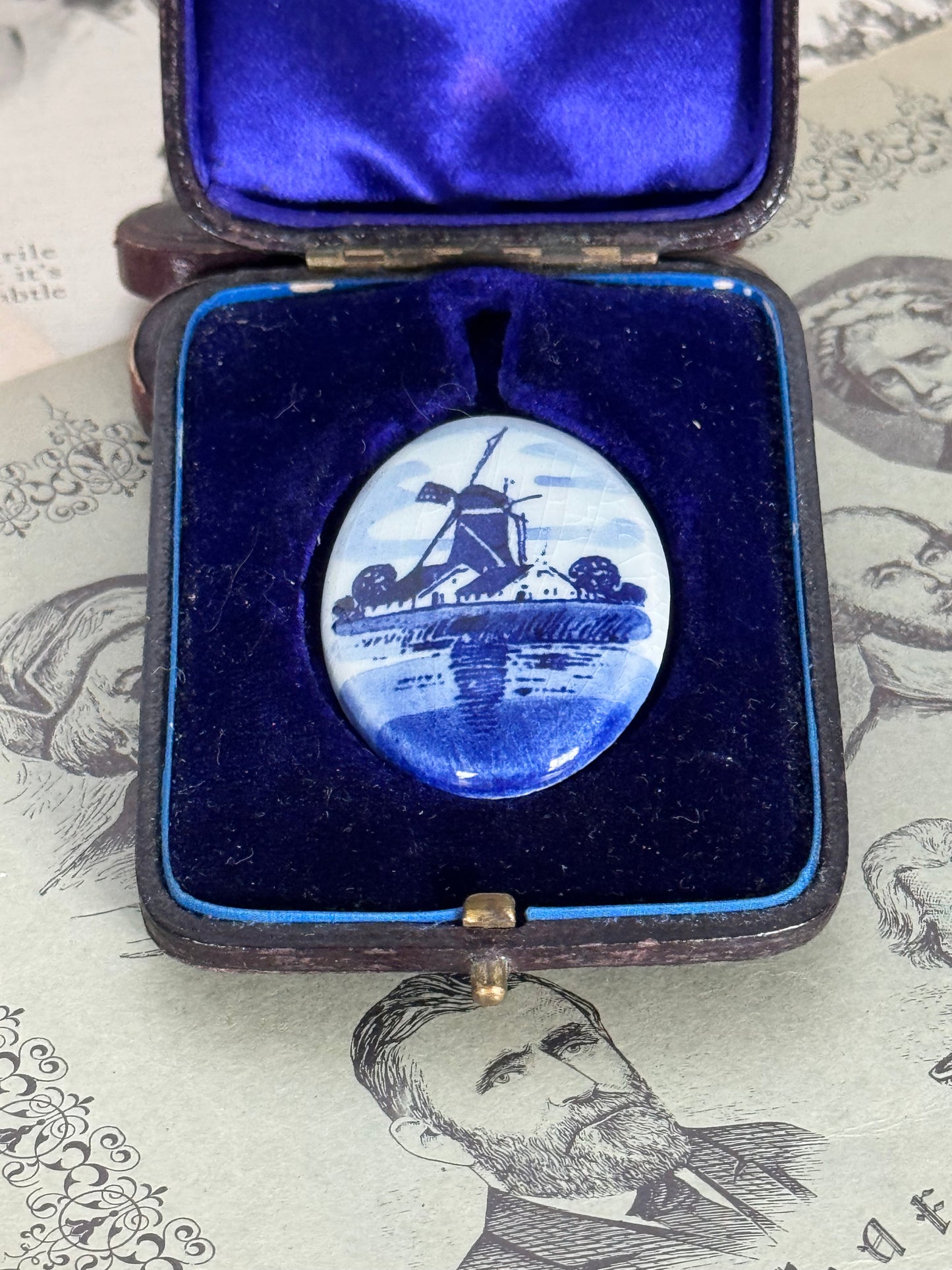 Vintage Delft Style Porcelain Brooch Windmill Landscape Scene