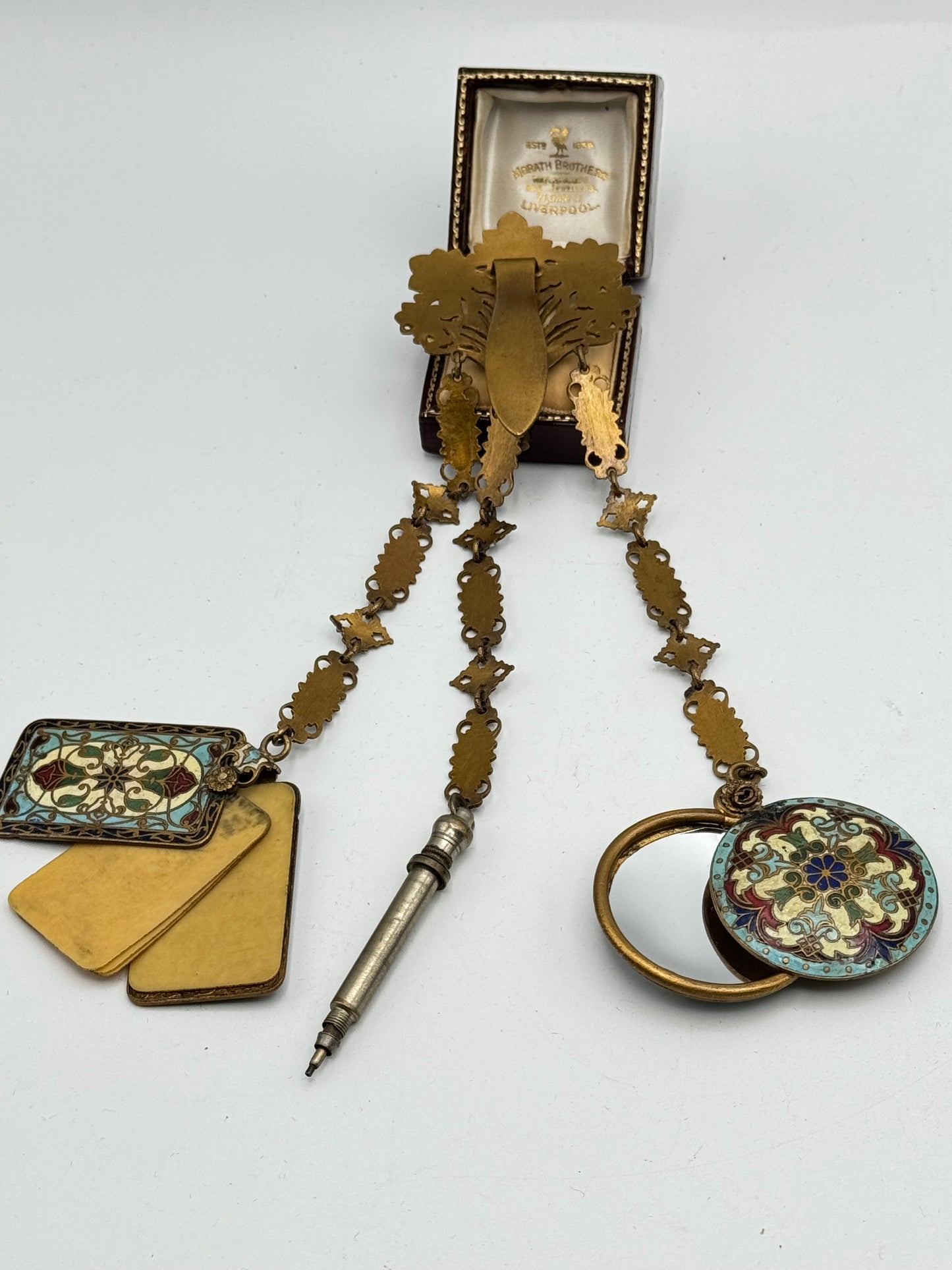 Antique Art Nouveau Enameled Aide-Mémoire Vanity Chatelaine with Mirror, Pencil & Notebook