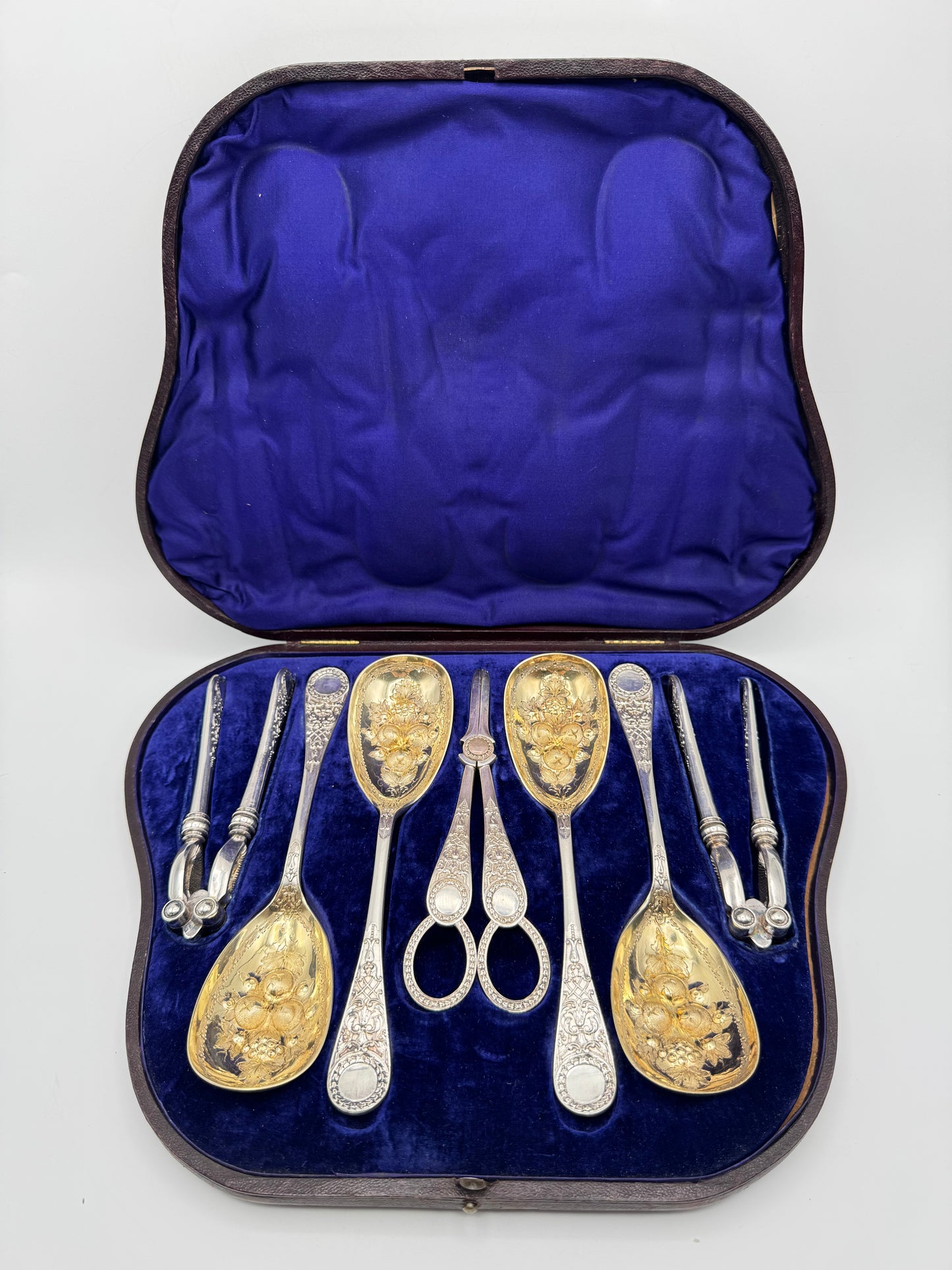 Victorian Martin Hall & Co. Silver Plate 7 Piece Dessert Set in Leather Case 1868 “Kite Mark”
