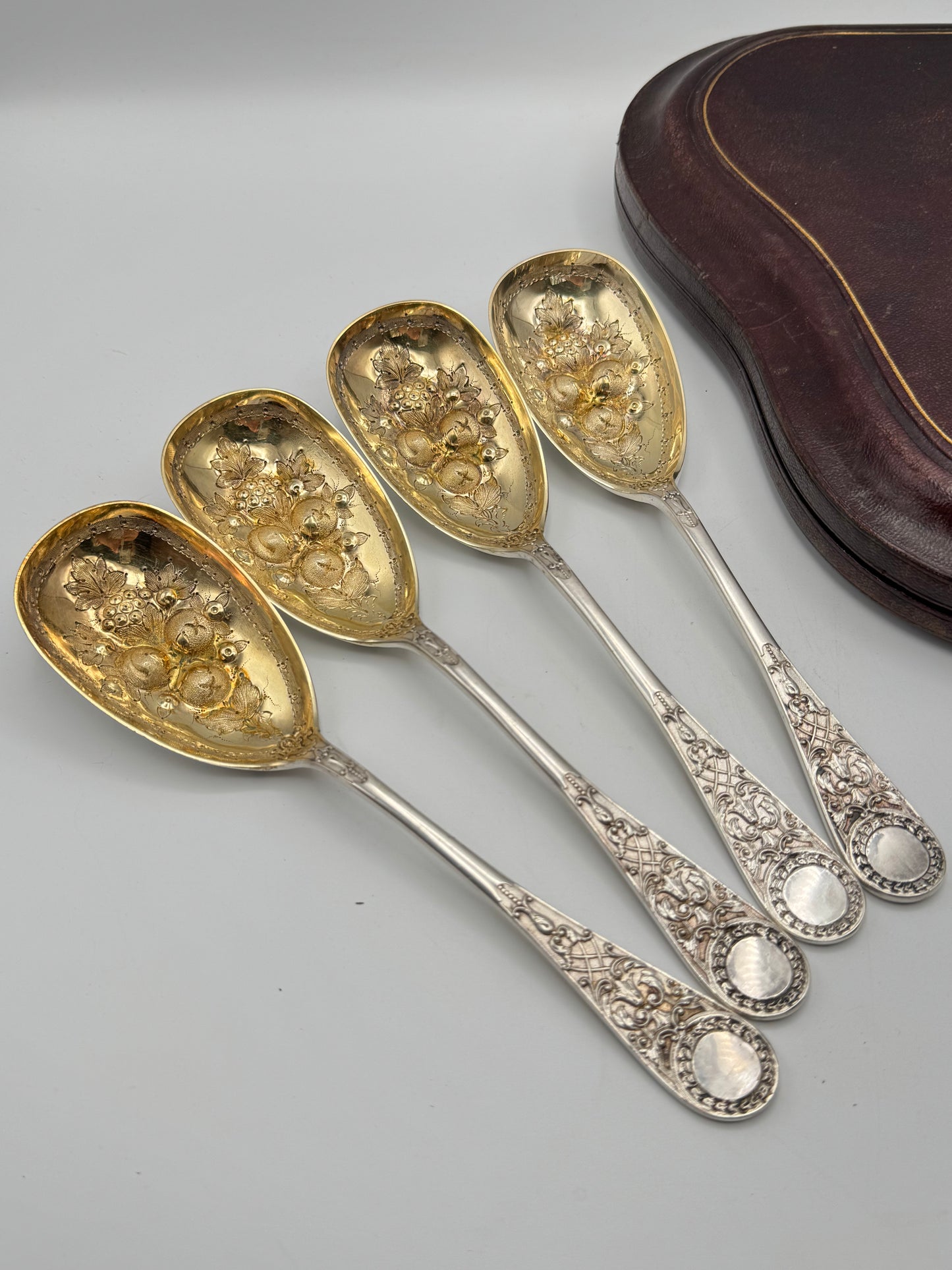 Victorian Martin Hall & Co. Silver Plate 7 Piece Dessert Set in Leather Case 1868 “Kite Mark”