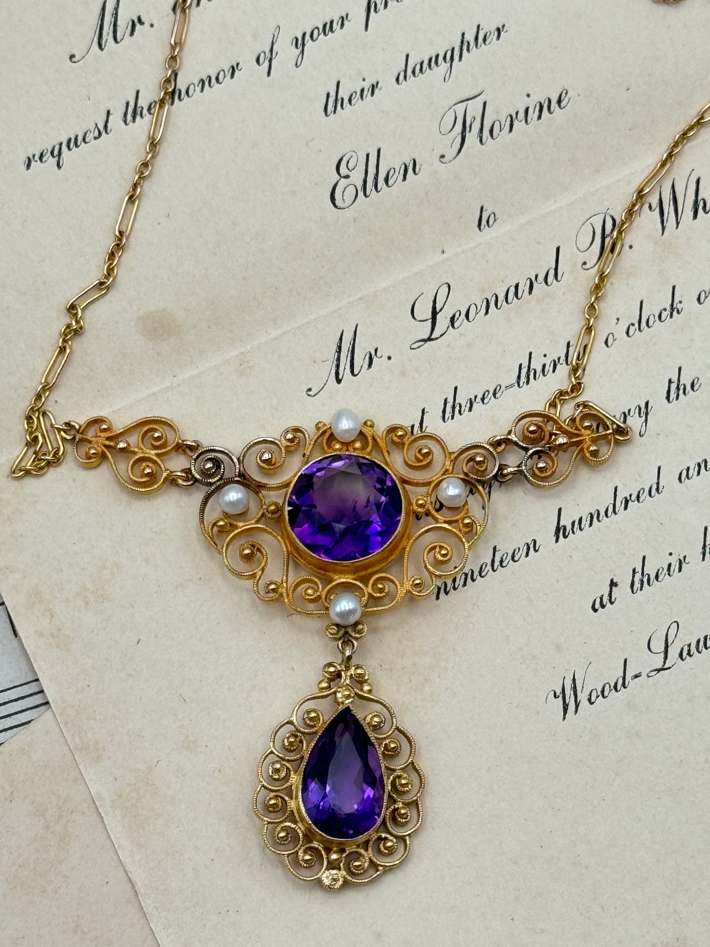 Antique Edwardian 14K Gold Amethyst & Pearl Necklace -Christmas 1917 -Professionally Appraised