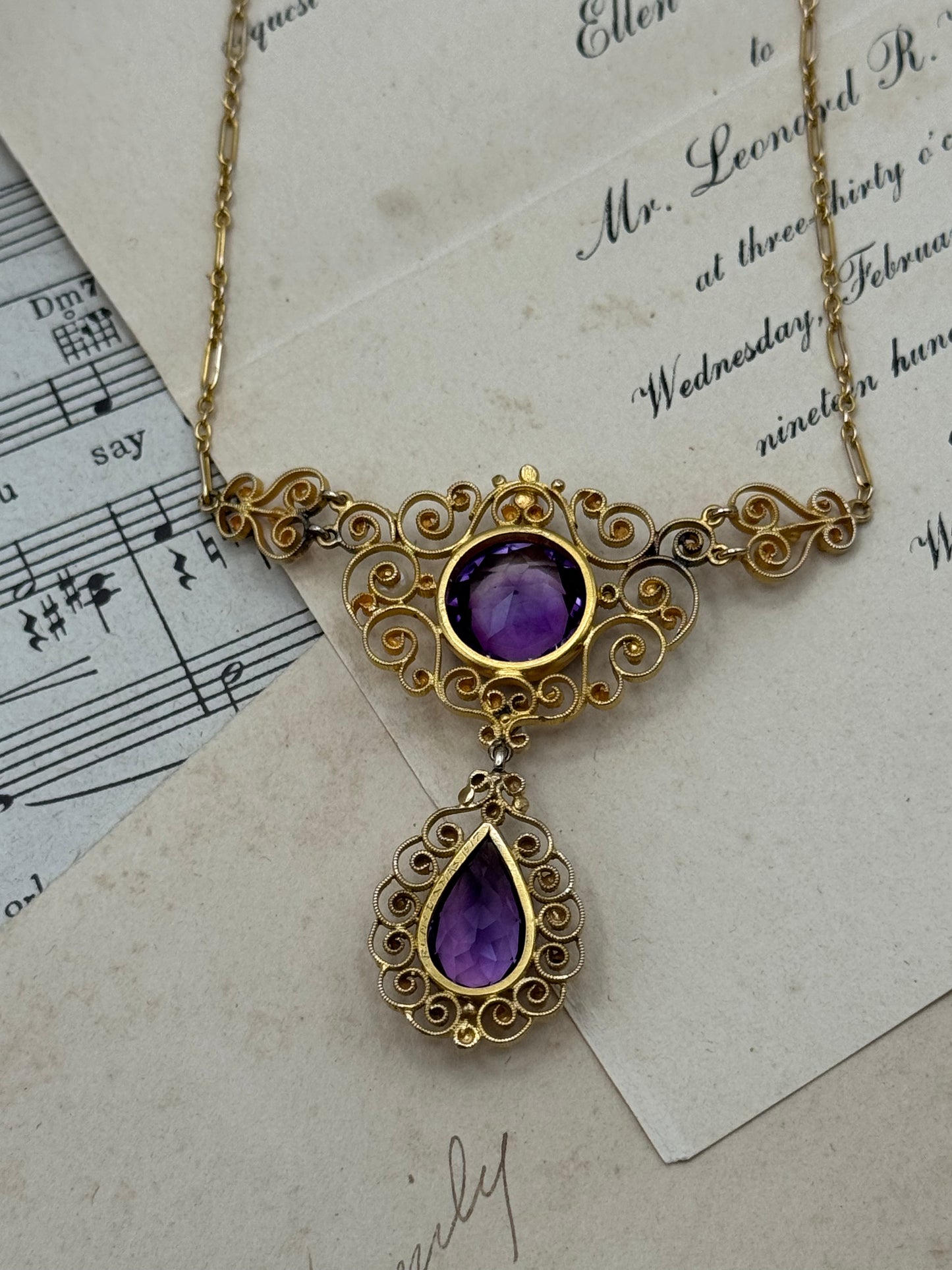 Antique Edwardian 14K Gold Amethyst & Pearl Necklace -Christmas 1917 -Professionally Appraised