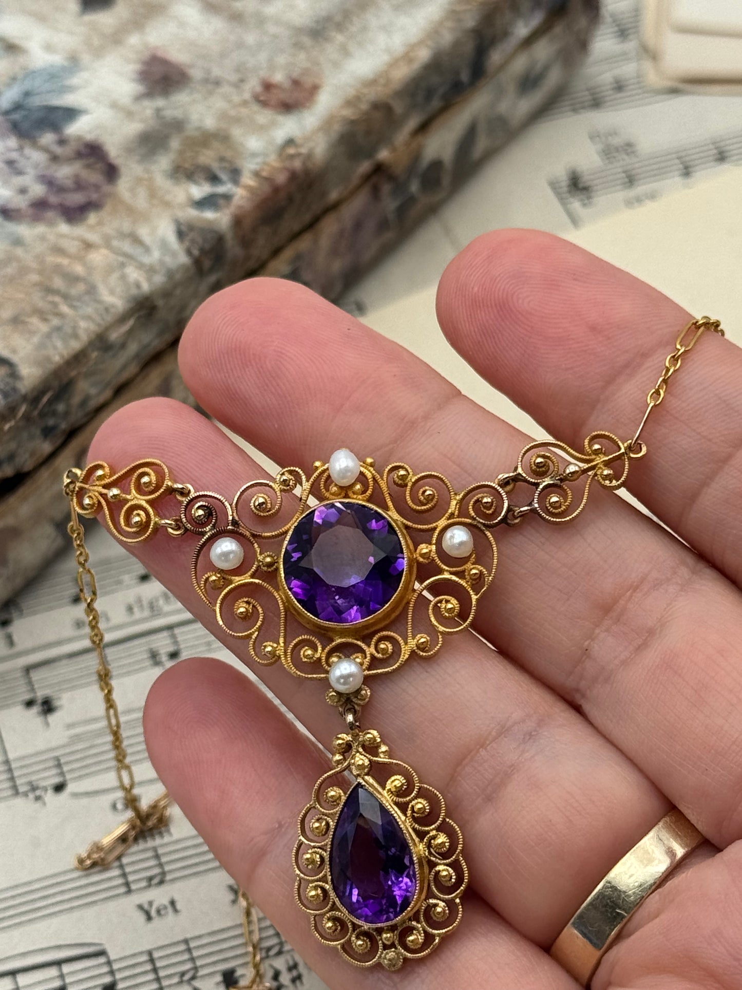 Antique Edwardian 14K Gold Amethyst & Pearl Necklace -Christmas 1917 -Professionally Appraised