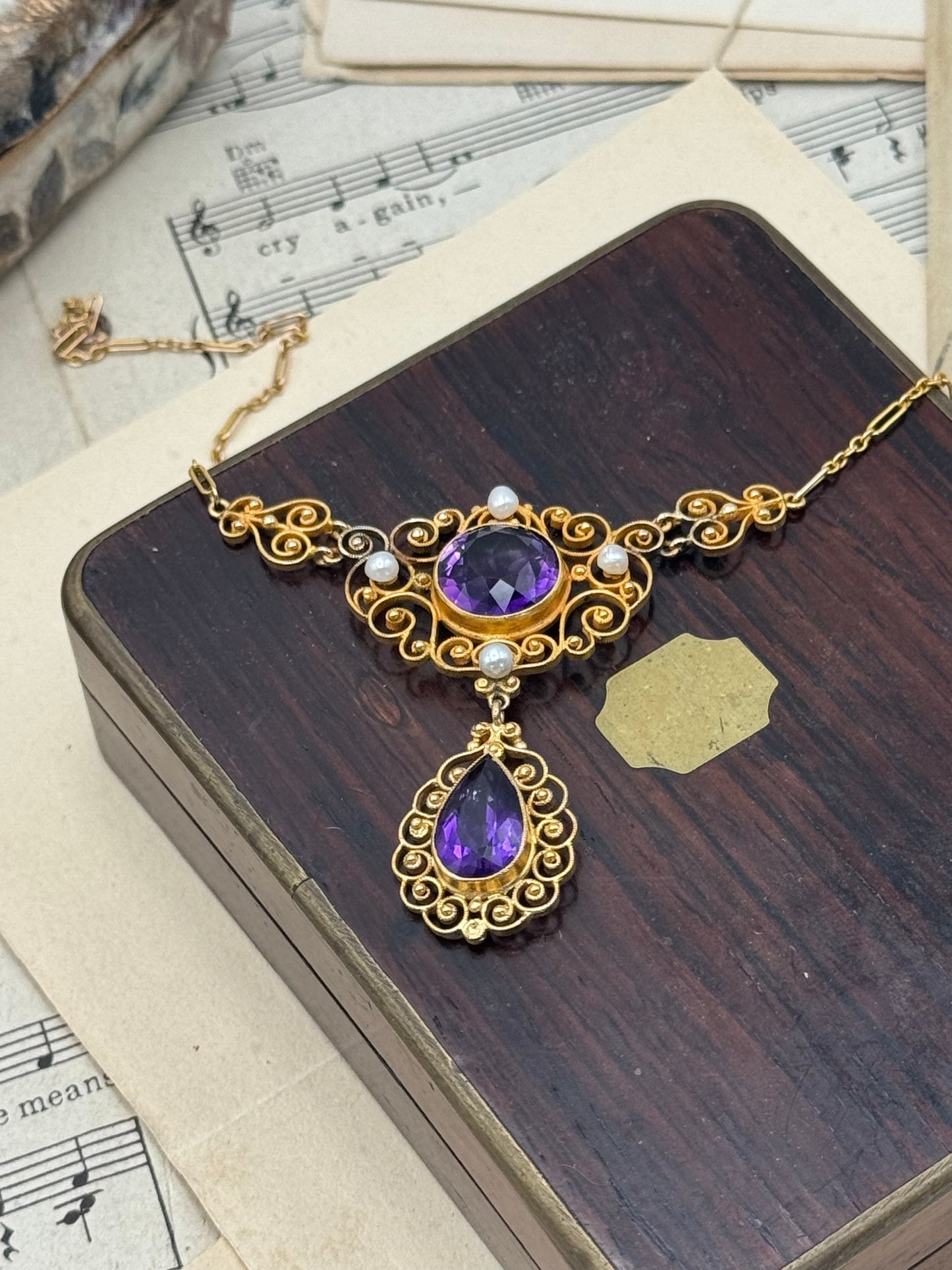 Antique Edwardian 14K Gold Amethyst & Pearl Necklace -Christmas 1917 -Professionally Appraised