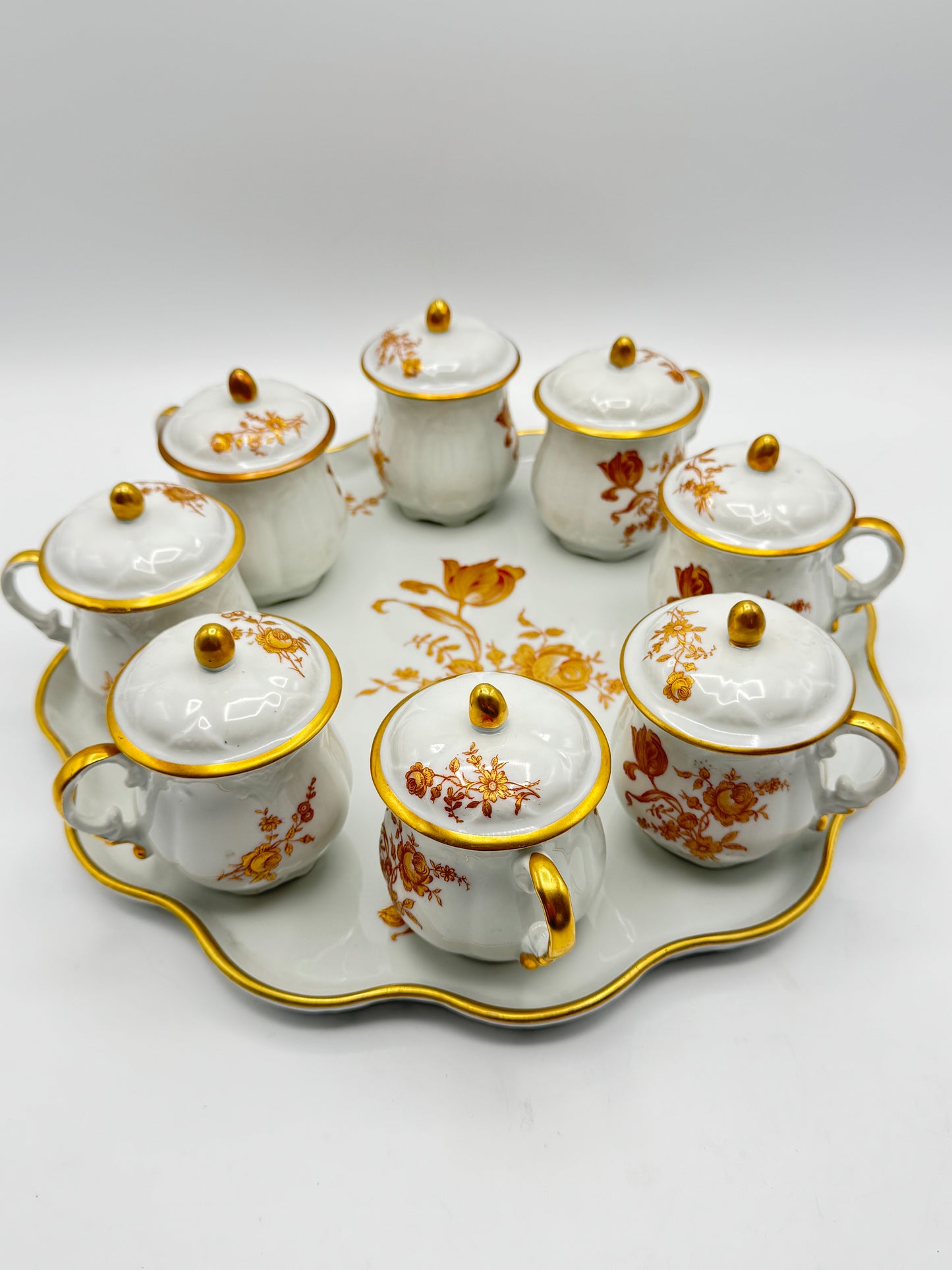 Set of 8 Limoges France Pot De Creme Set Gold Floral Lidded Cups “RAMEKIN SET”