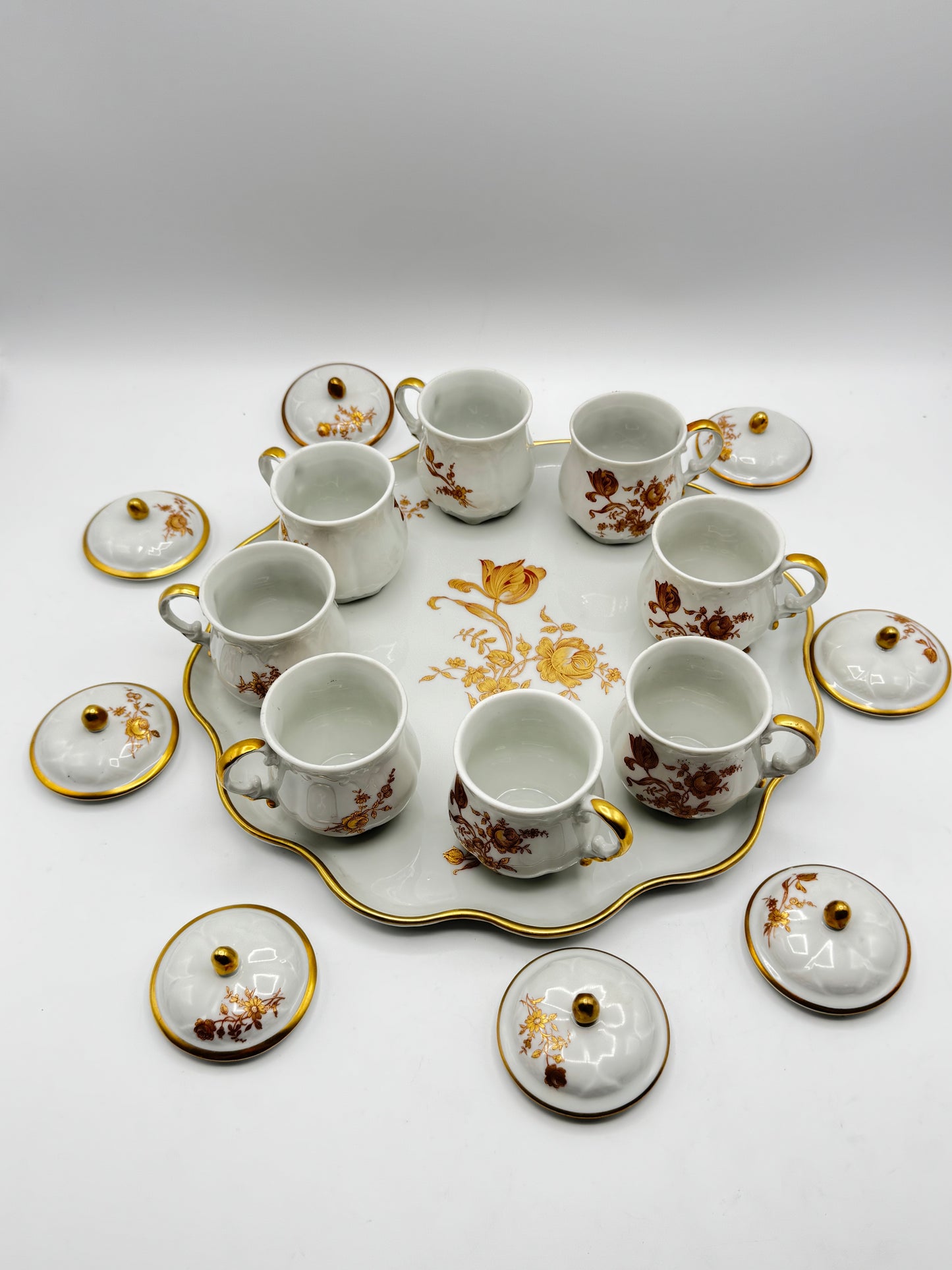Set of 8 Limoges France Pot De Creme Set Gold Floral Lidded Cups “RAMEKIN SET”