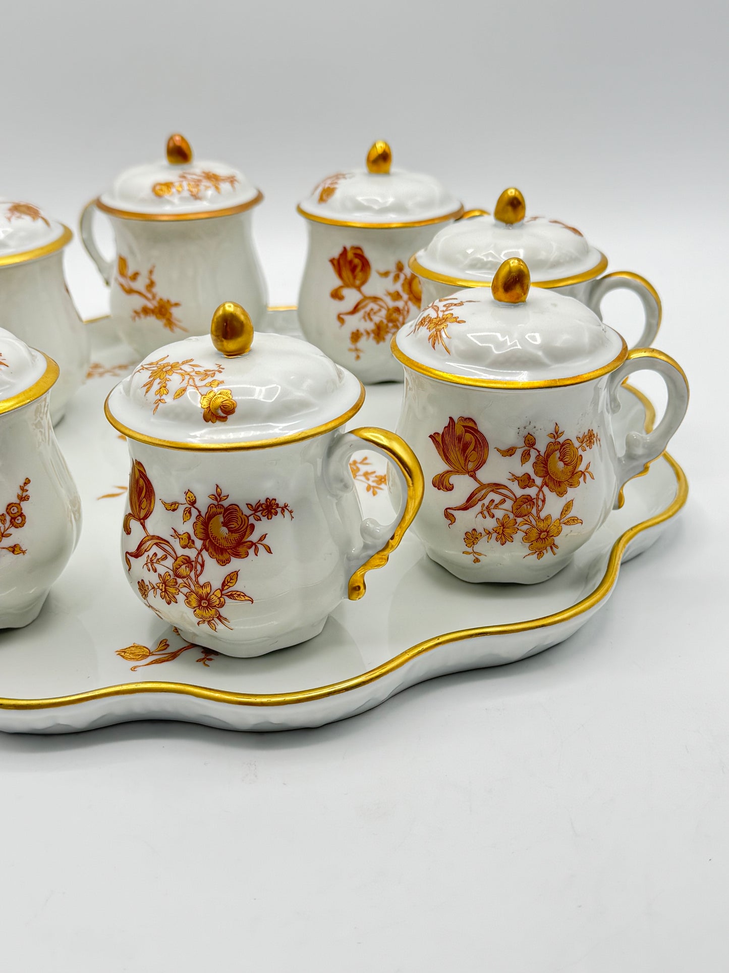 Set of 8 Limoges France Pot De Creme Set Gold Floral Lidded Cups “RAMEKIN SET”