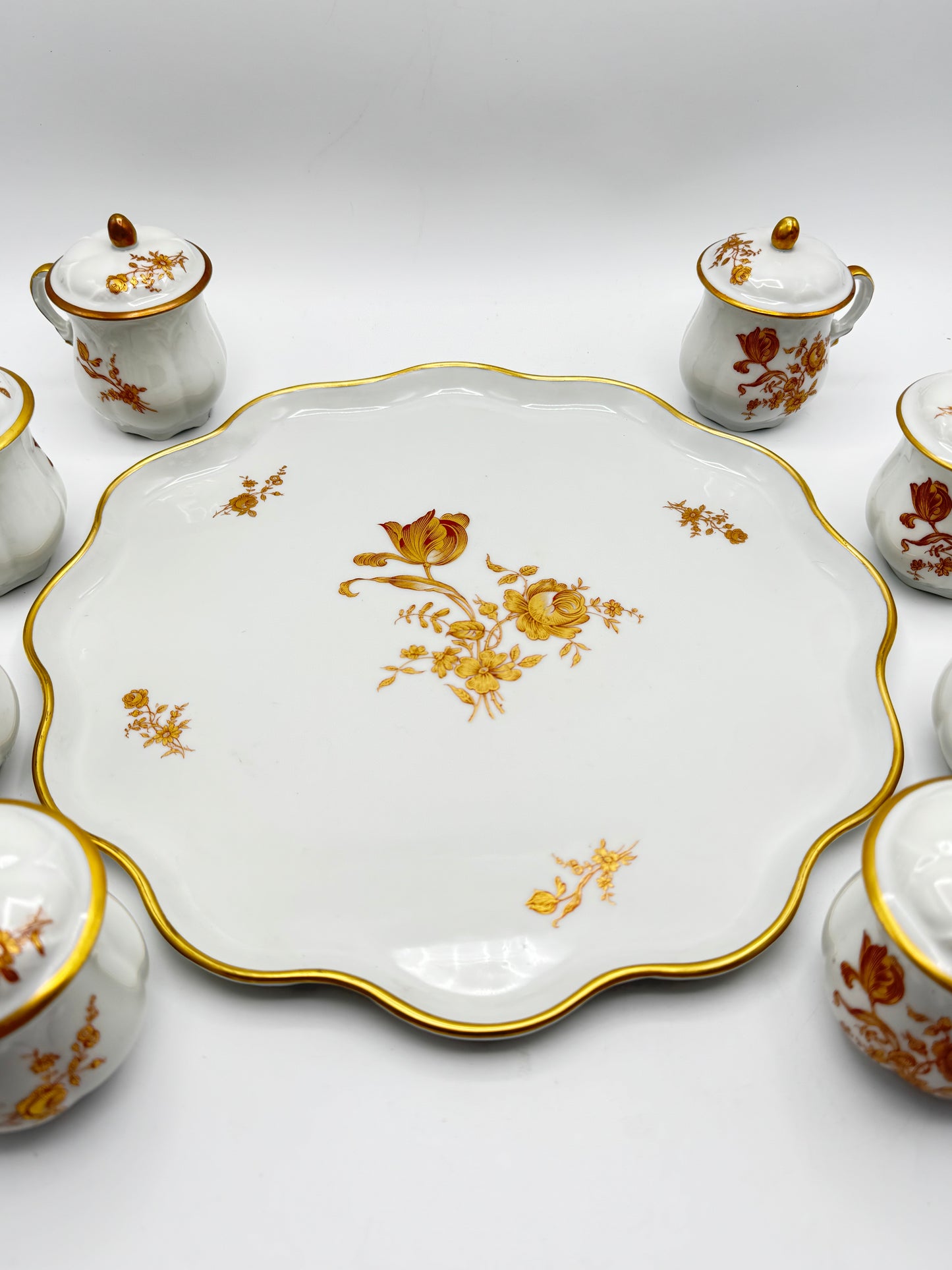Set of 8 Limoges France Pot De Creme Set Gold Floral Lidded Cups “RAMEKIN SET”