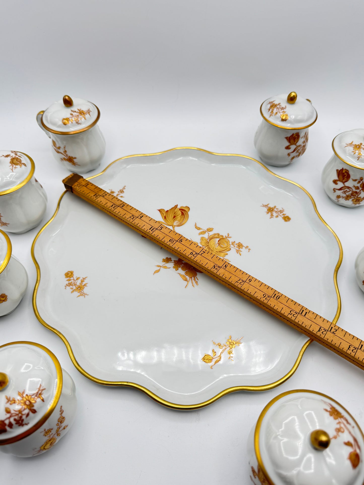 Set of 8 Limoges France Pot De Creme Set Gold Floral Lidded Cups “RAMEKIN SET”