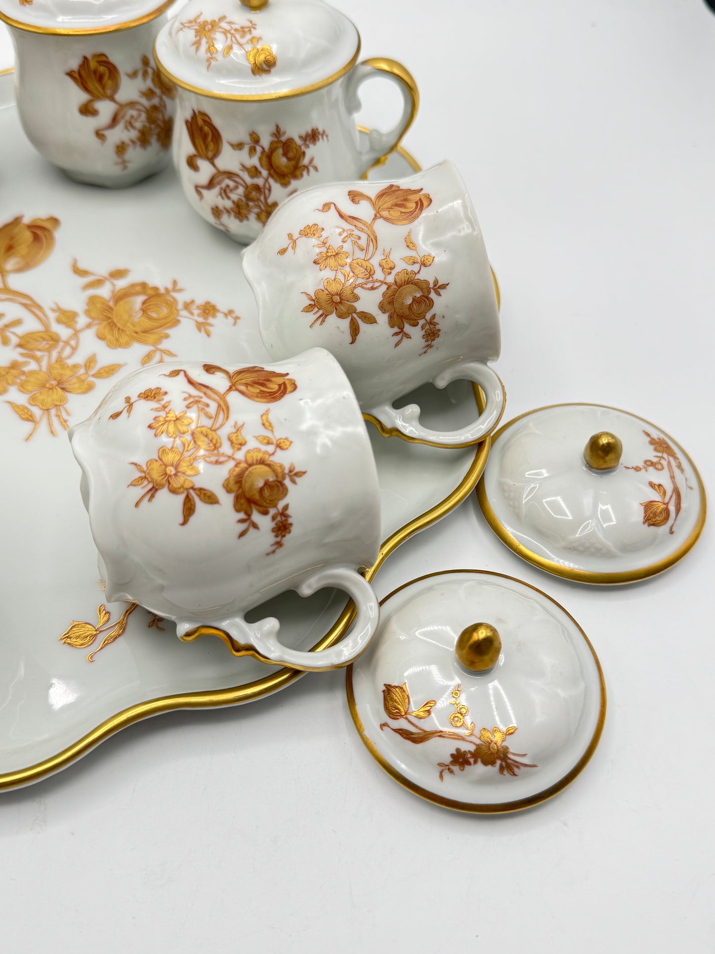Set of 8 Limoges France Pot De Creme Set Gold Floral Lidded Cups “RAMEKIN SET”