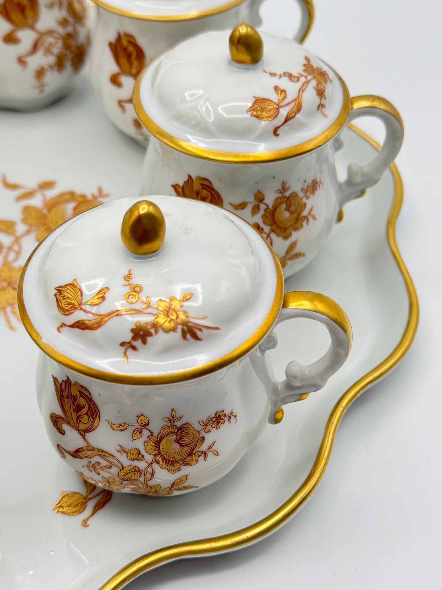 Set of 8 Limoges France Pot De Creme Set Gold Floral Lidded Cups “RAMEKIN SET”