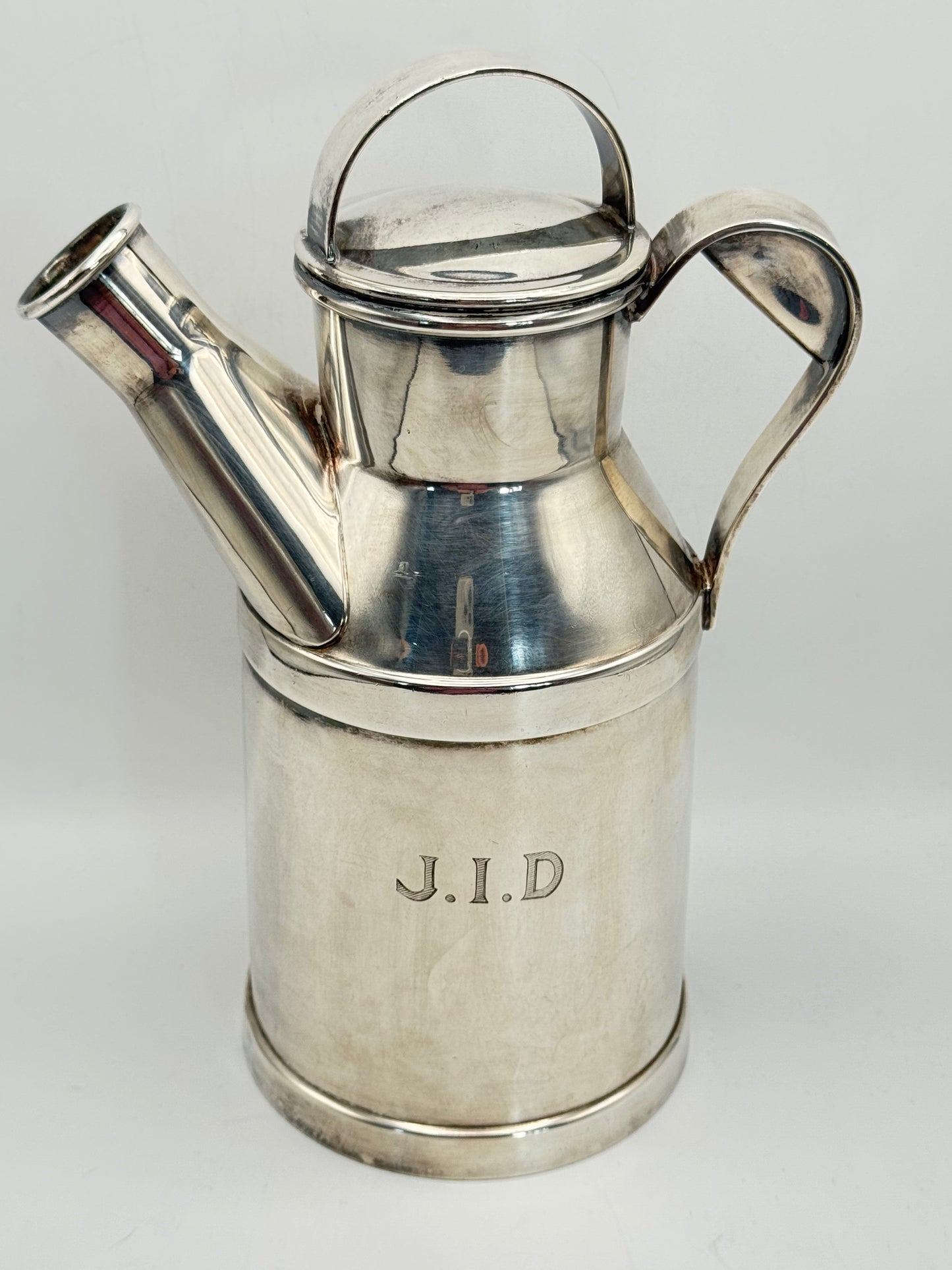 Vintage SILVERPLATE Novelty Cocktail Shaker Mixer Milk Jug Churn Design No Cork MONOGRAM J.I.D