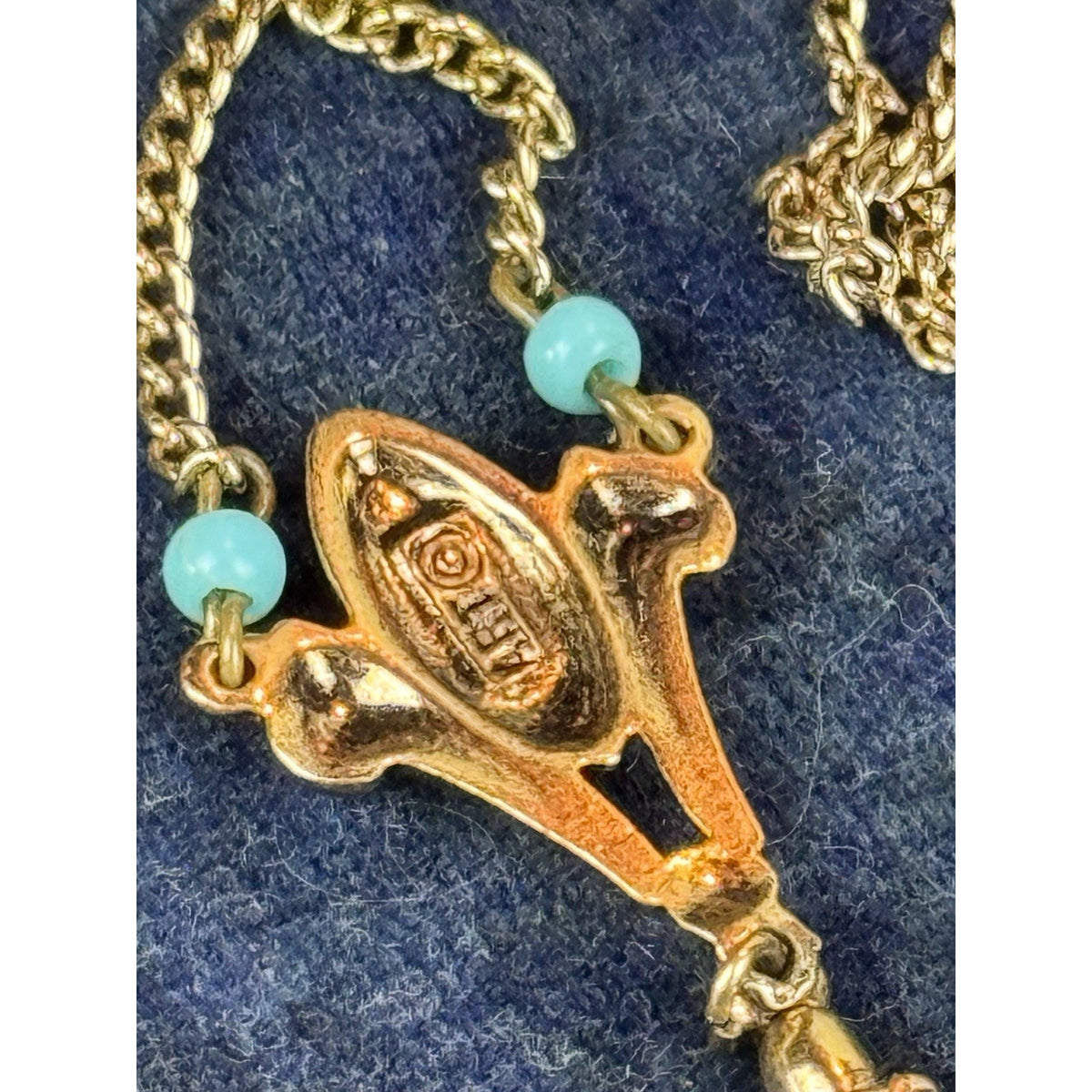 Vintage ART Lavalier Necklace Goldtone Turquoise Blue Beads 16” Signed Pendant