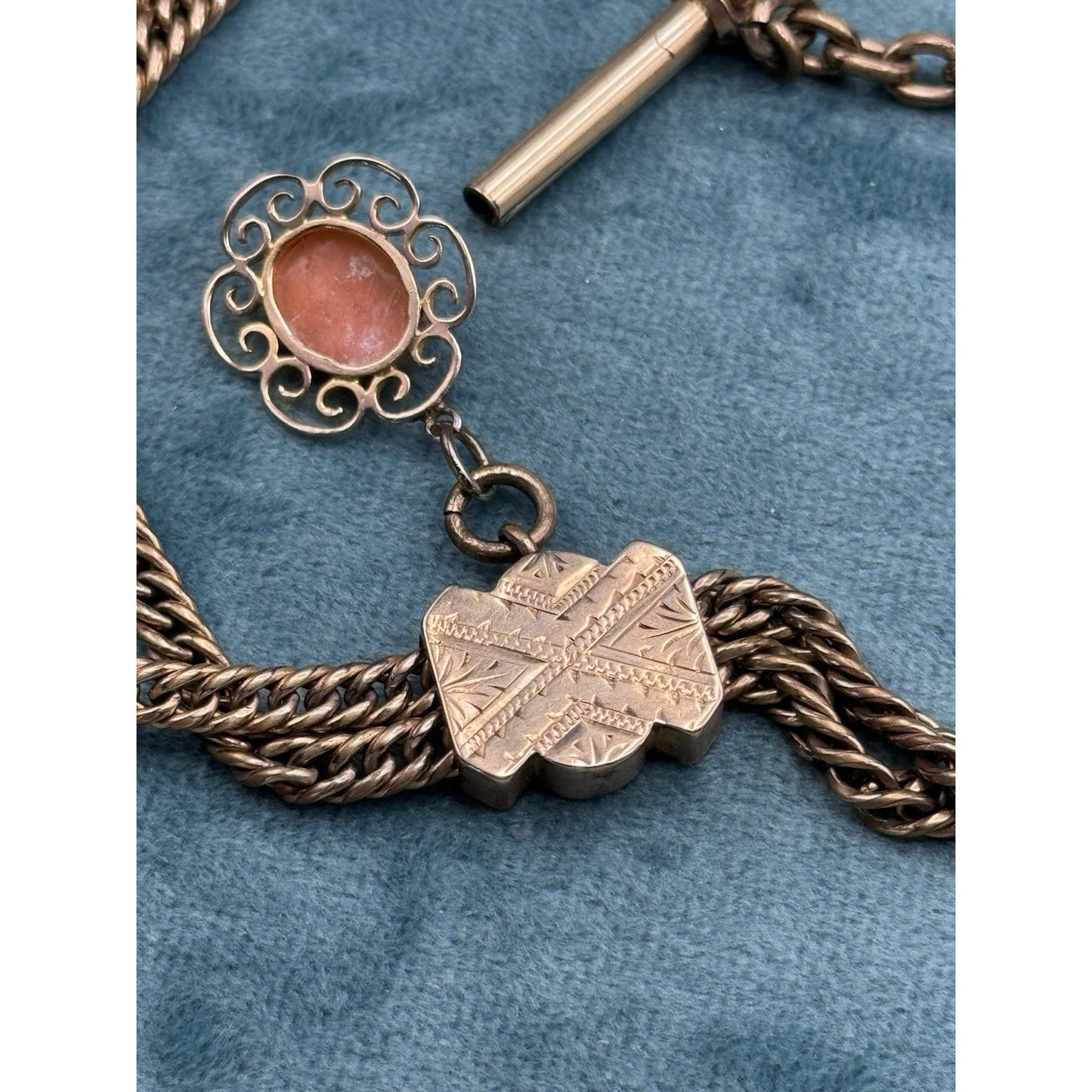 Antique Gold Filled Albert Watch Chain Cameo Fob T Bar 12” Victorian
