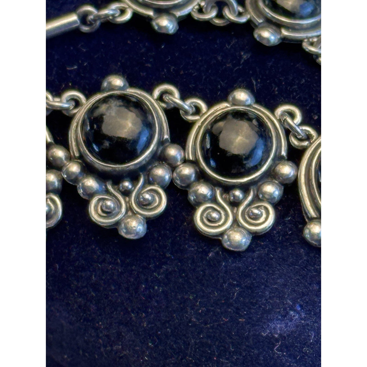 925 Silver Necklace Black Speckled Stone Cabochons Scrollwork Bar Link