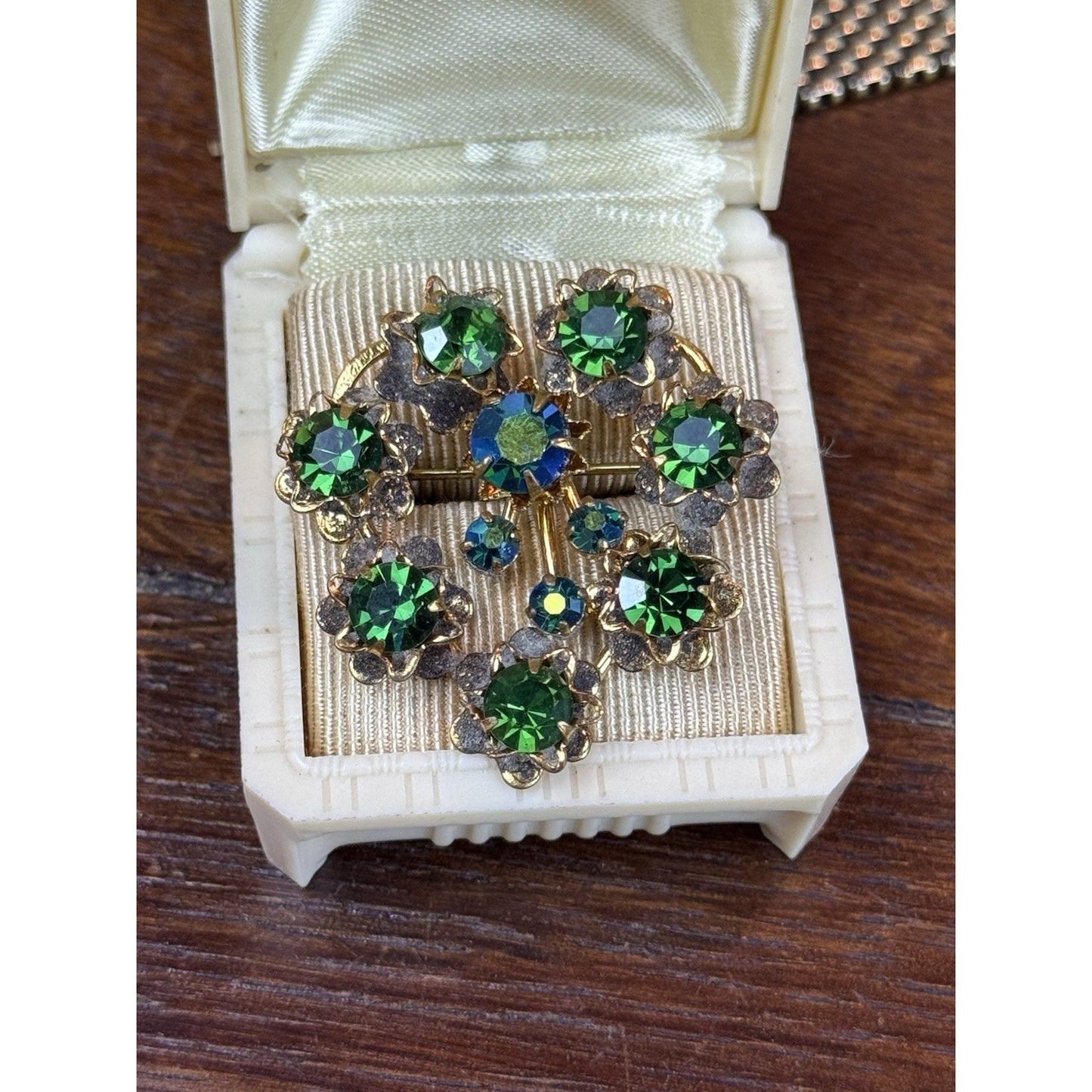 Vintage Heart Brooch Green Rhinestone Goldtone Floral Costume Jewelry 1.5”