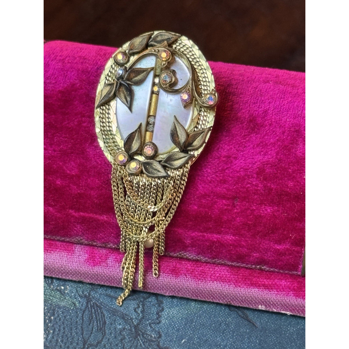 MARENA Brooch Pendant Goldtone Tassel Rhinestone Handmade Germany Vintage 2.75”