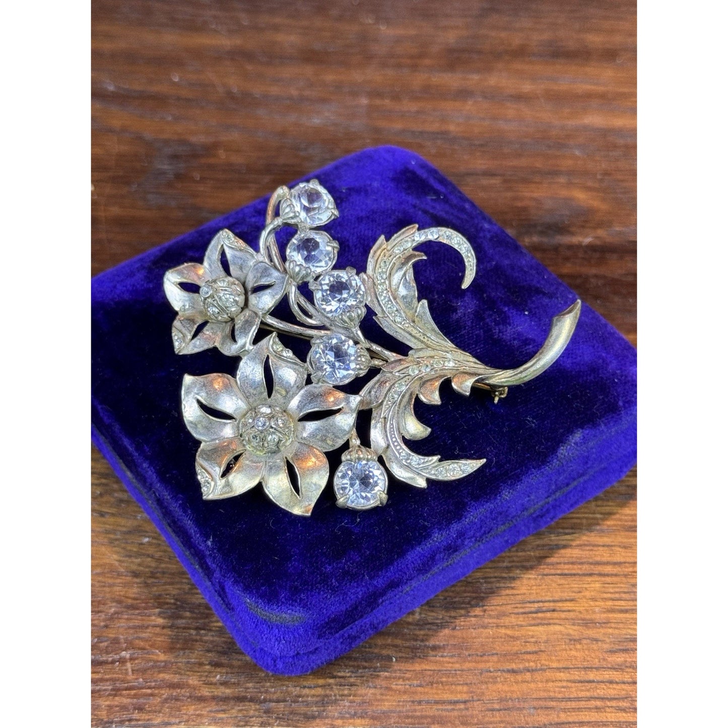 Vintage Brooch Silver-Goldtone Floral Clear Rhinestone Flower Spray Large 3”