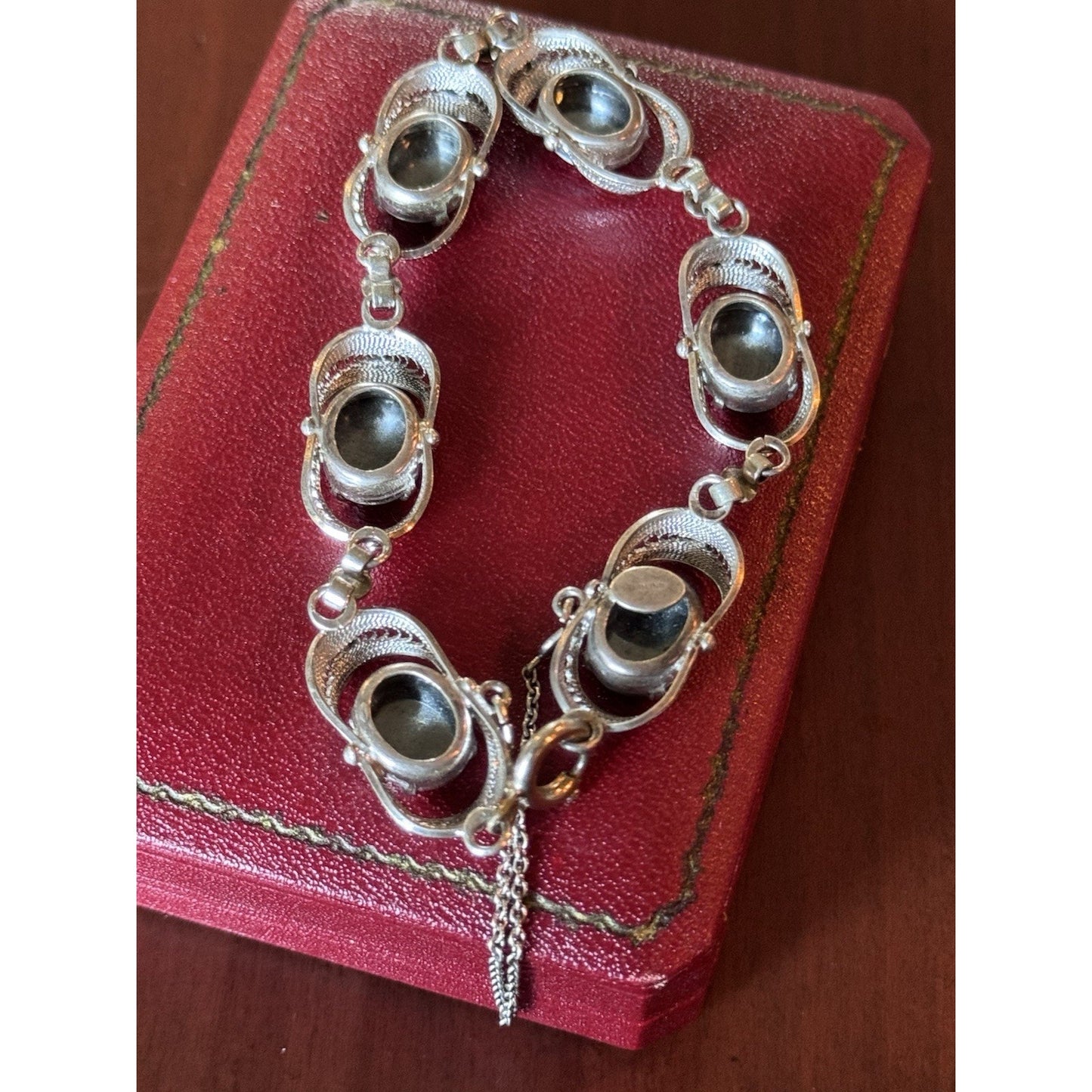 VINTAGE Bracelet Sterling Silver “Hematite” Filigree Link Vintage 7.75”