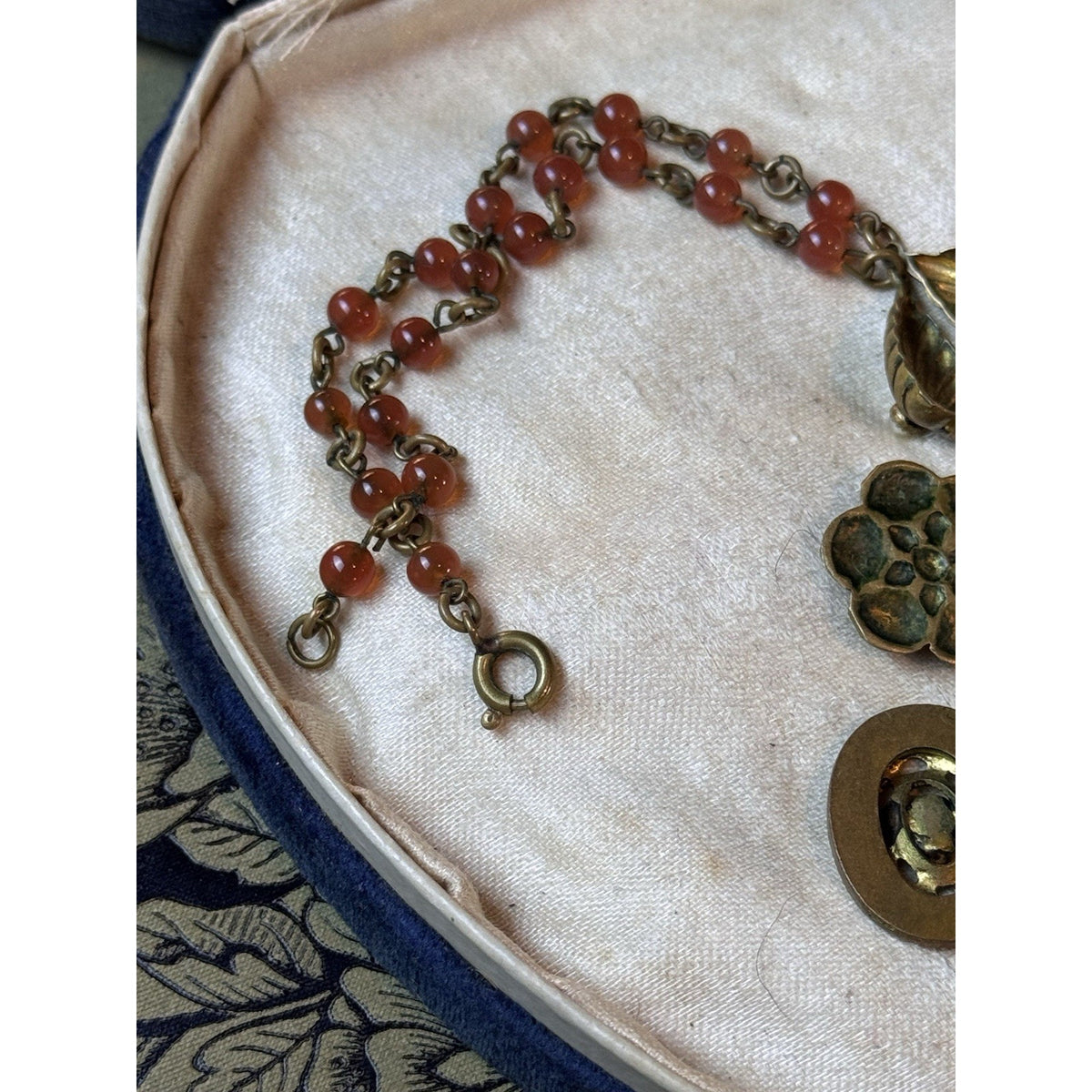 Victorian Revival Brass Necklace Portrait Links Coral Orange Glass Beads 16”