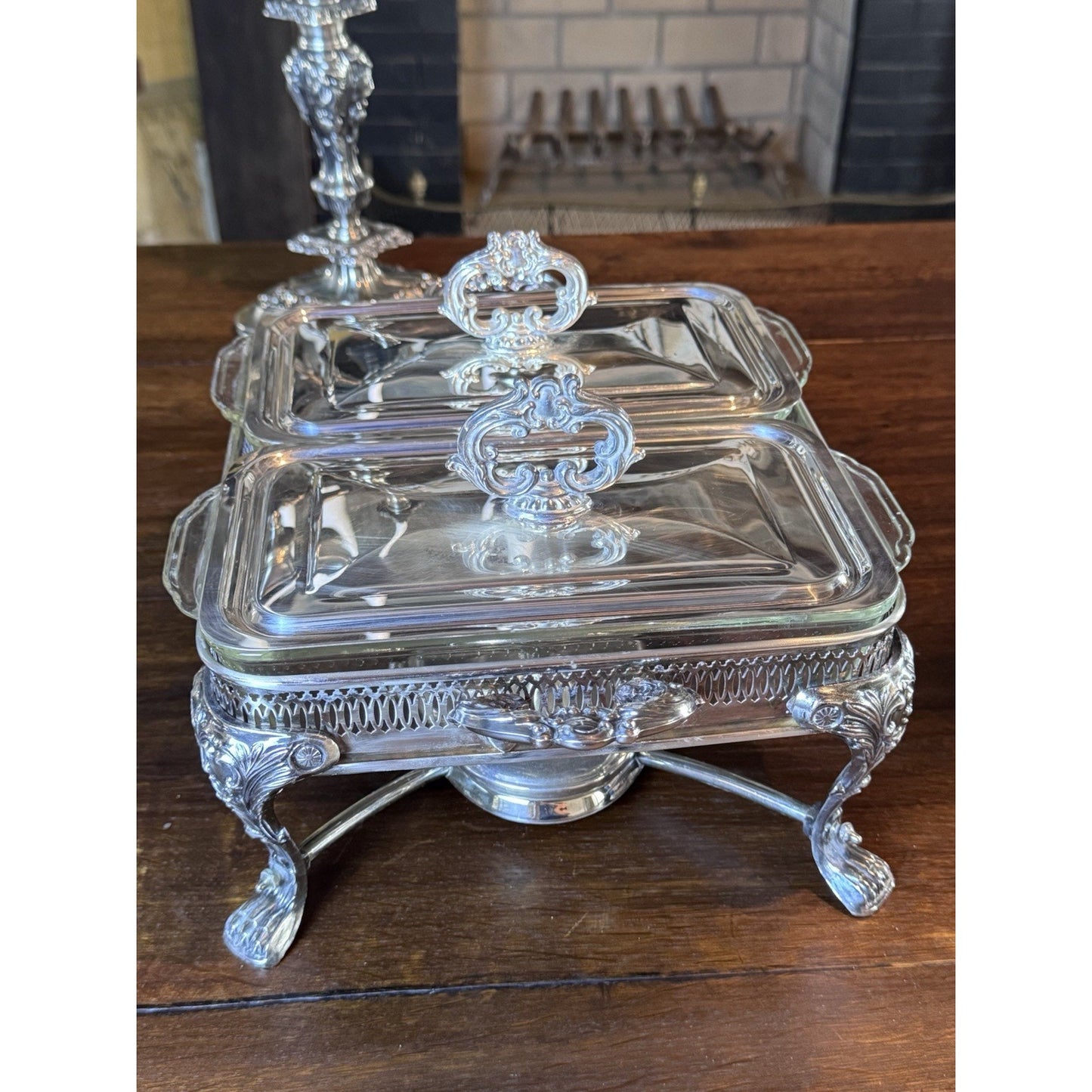 Silverplate Double Chafing Dish Warmer with Two Fire-King 1 Qt Covered Dishes