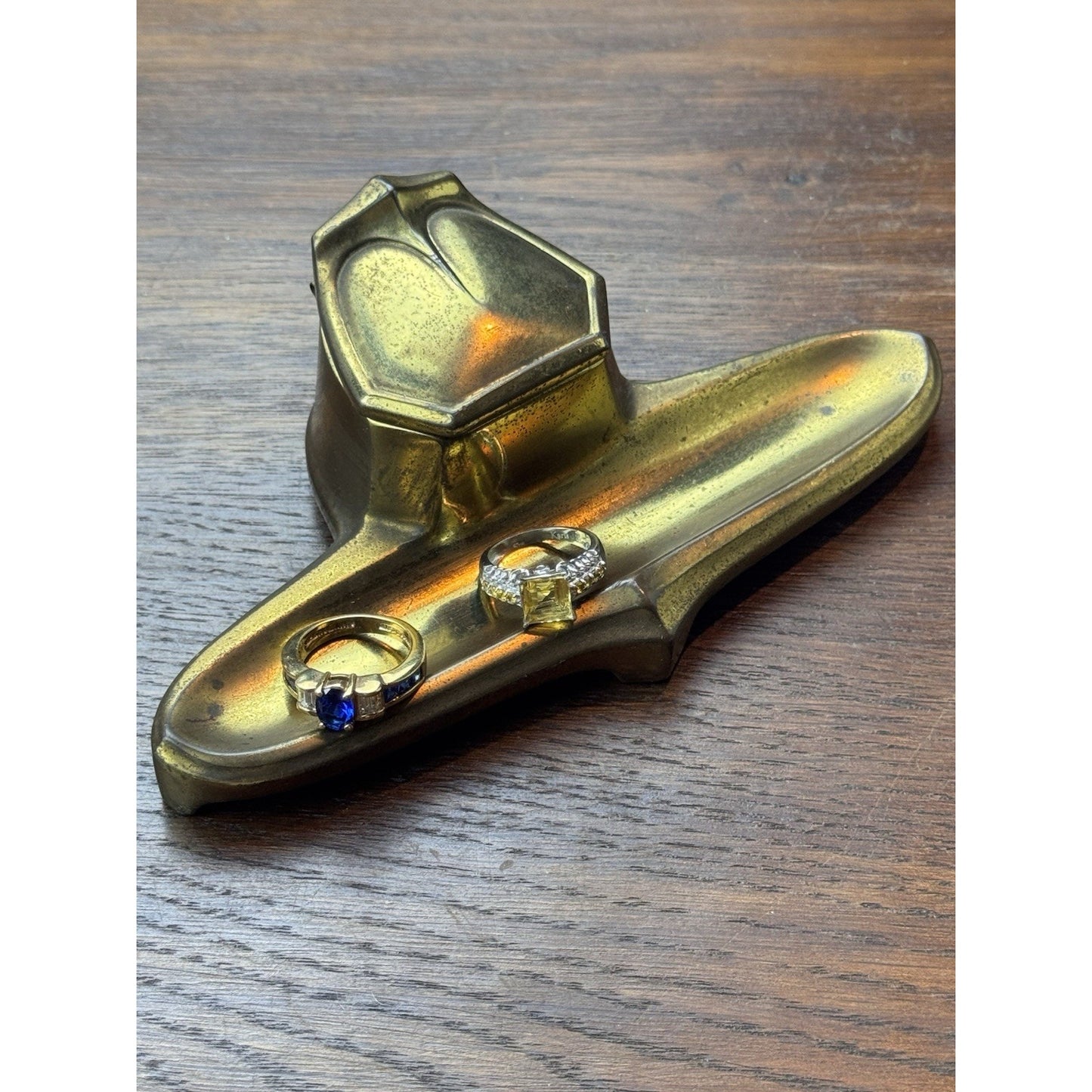 Antique Art Deco Brass Tone Ink Stand Inkwell Pen Tray 6.5” Desk Accessory