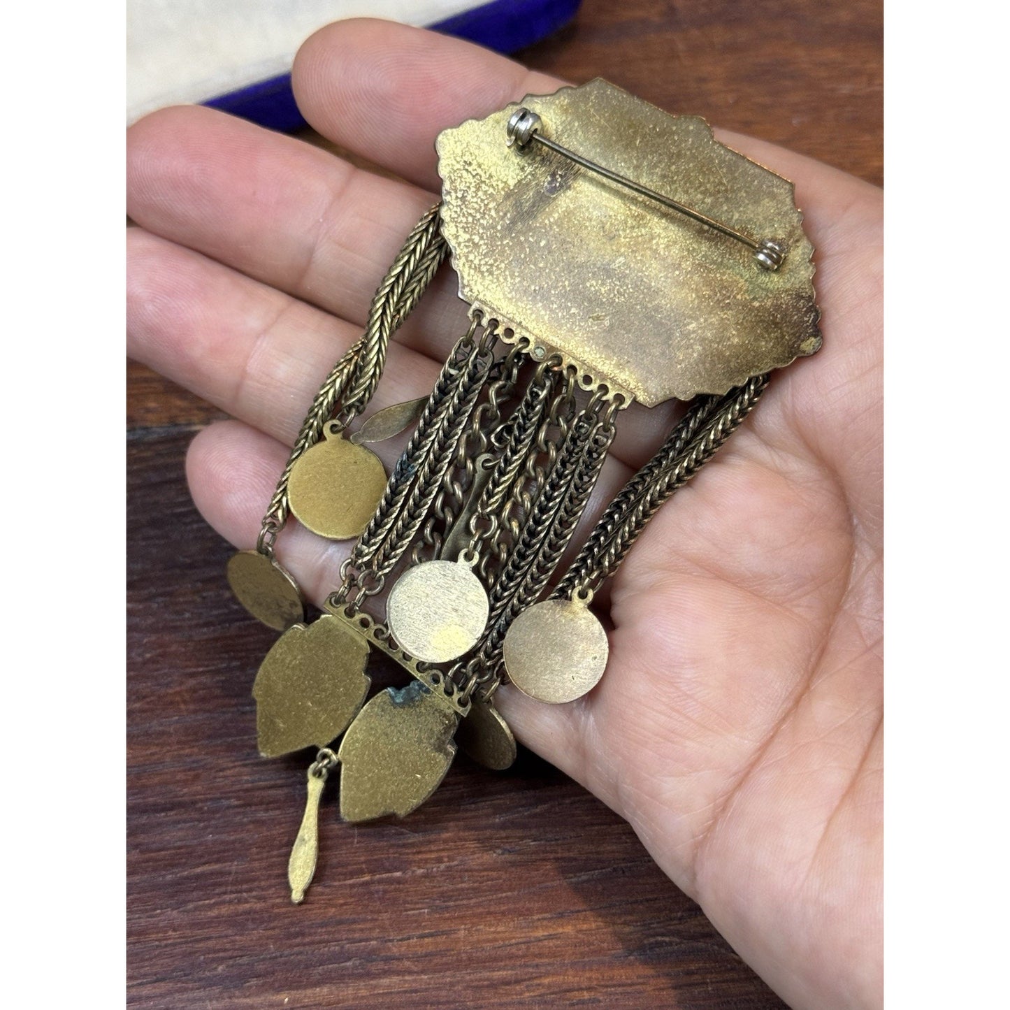 Vintage Chatelaine Brooch Brass Tone Ornate Victorian Revival Dangle Tassel