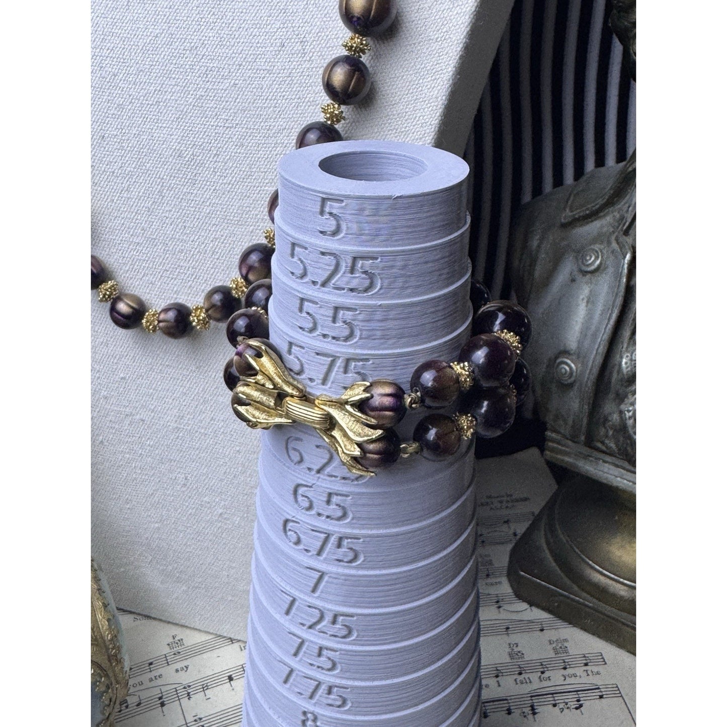 Vintage Crown Trifari Aubergine Beaded Necklace Bracelet Set Goldtone 27”