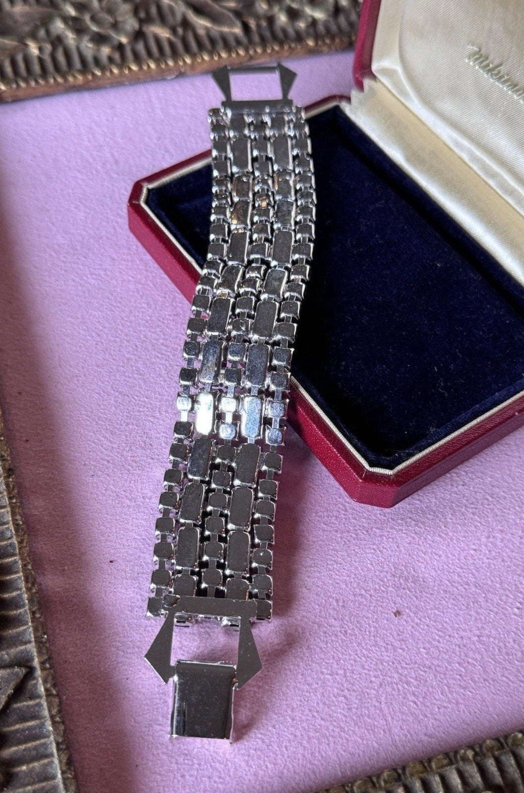 Vintage Bracelet Blue Rhinestone 5 Rows-3 Ice Blue 2 Dark Blue Silvertone 6”