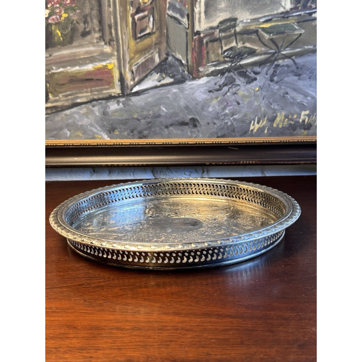 Silverplate Gallery Tray Chased Floral Shell Reticulated Edge Serving 12.5”