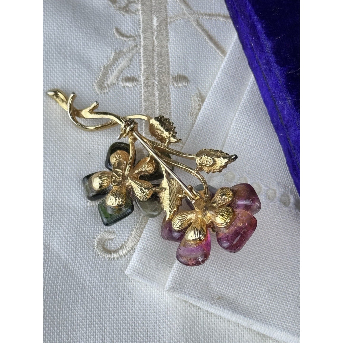 Vintage Pink Green Stone Floral Brooch Seed Pearl Goldtone 2.75” Estate Pin