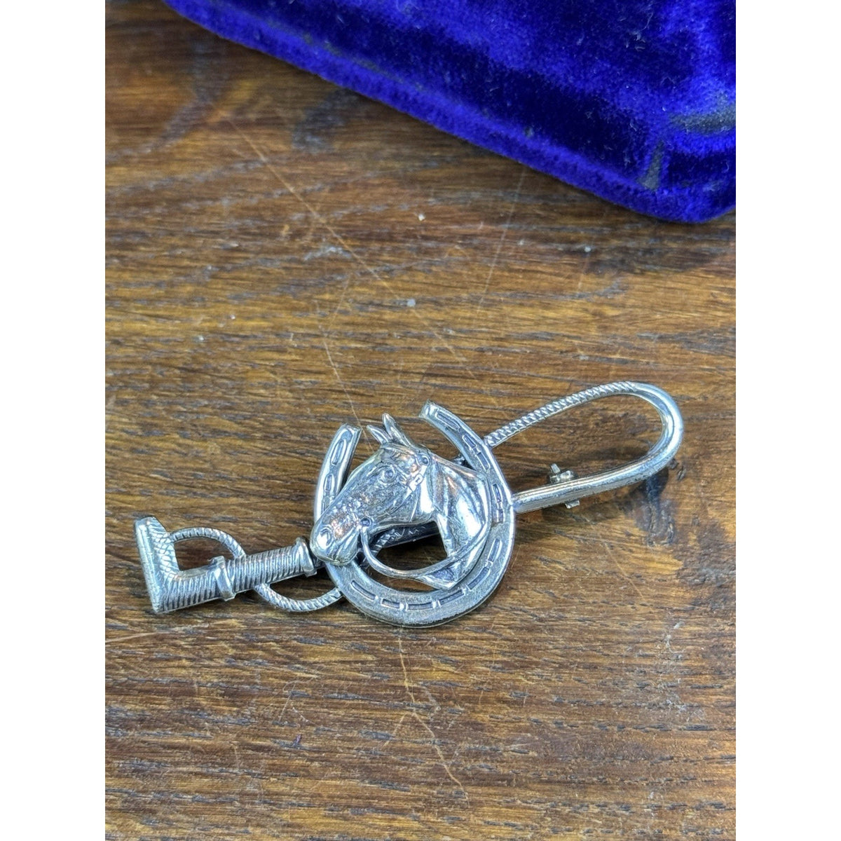 Vintage Sterling Silver Horse Brooch Horseshoe Riding Crop Equestrian Pin 2.5”