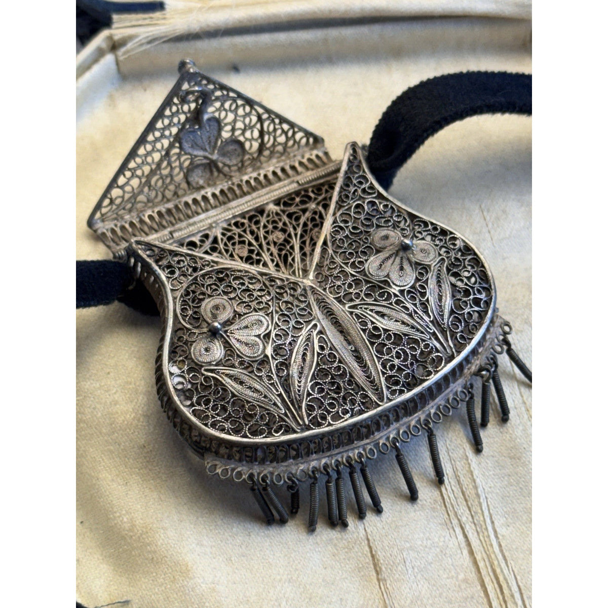 Silvertone Chatelaine Coin Purse Cannetille Filigree Floral Velvet Ribbon