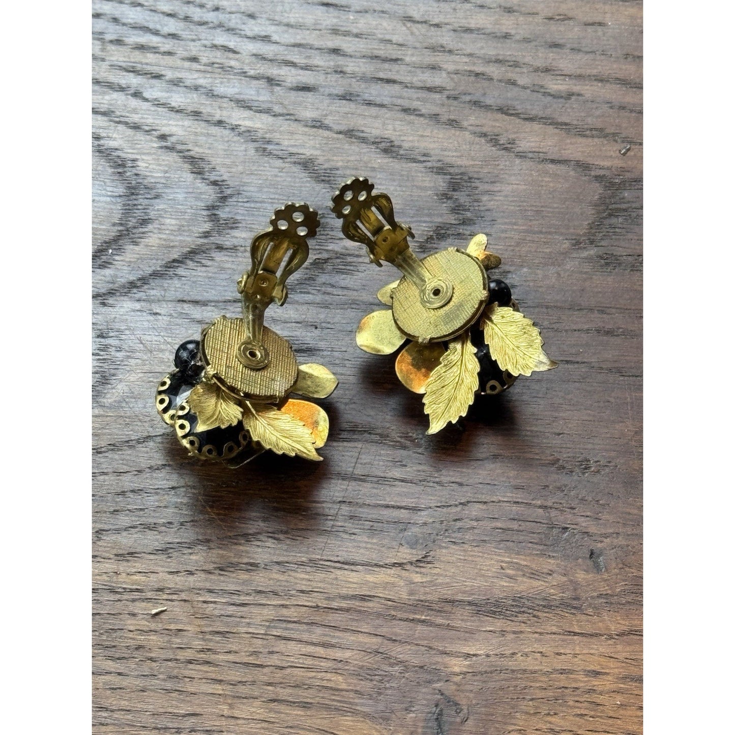 Vintage Black Glass Flower Clip Earrings Goldtone Rhinestone 1.5” x 1”