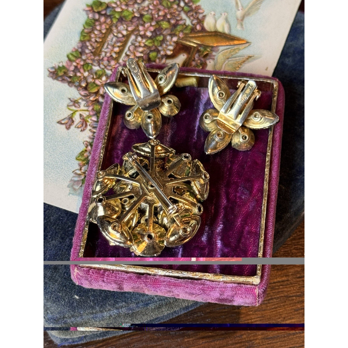 Beau Jewels Brooch Earrings Set Green Rhinestone Goldtone Clip On 1.75” Vintage