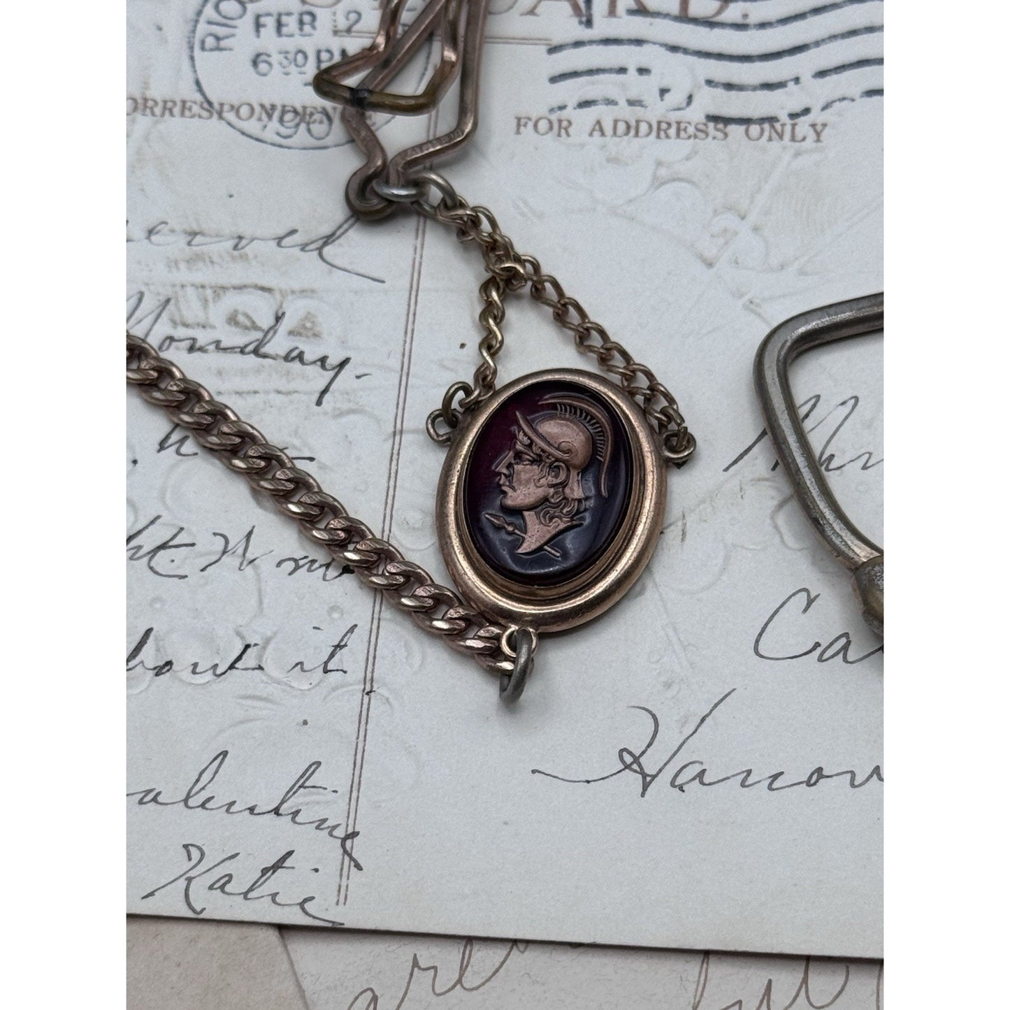 Vintage Rose Goldtone Watch Chain with Roman Centurion Faux Intaglio Pendant
