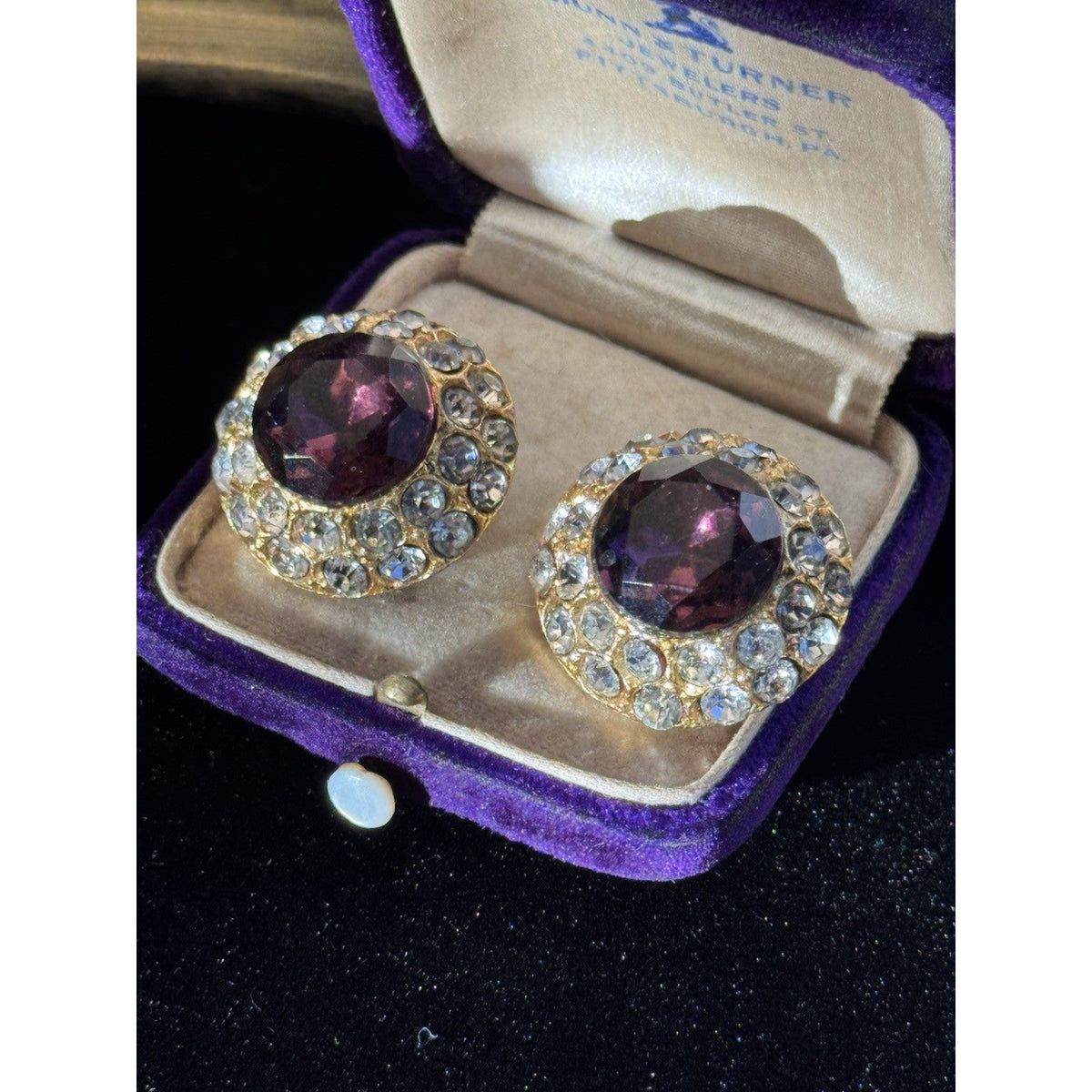 Blair Delmonico Clip On Earrings Purple Clear Rhinestone Round Vintage