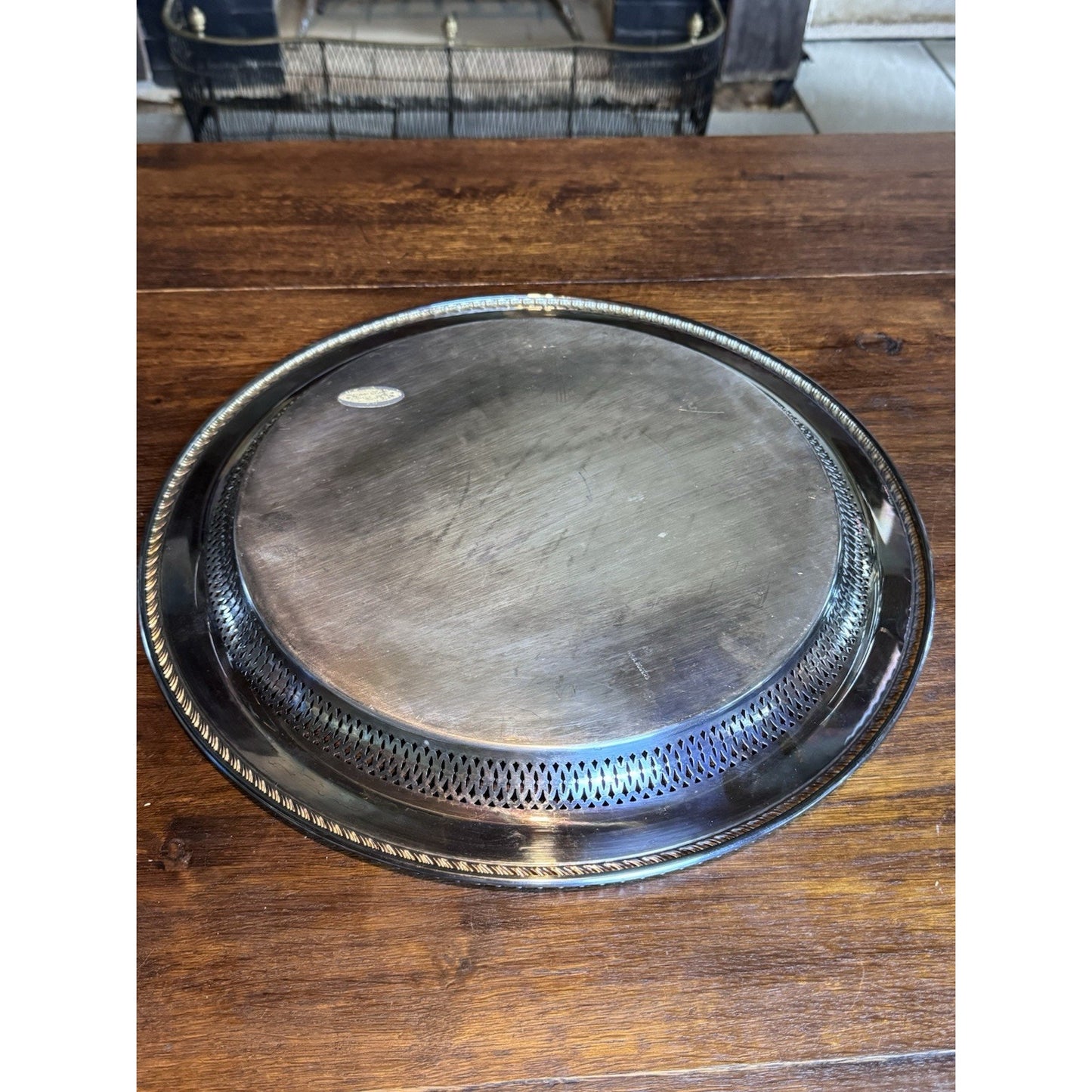 Silverplate Round Tray Reticulated 16.5” WM Rogers Engraved Serving Platter