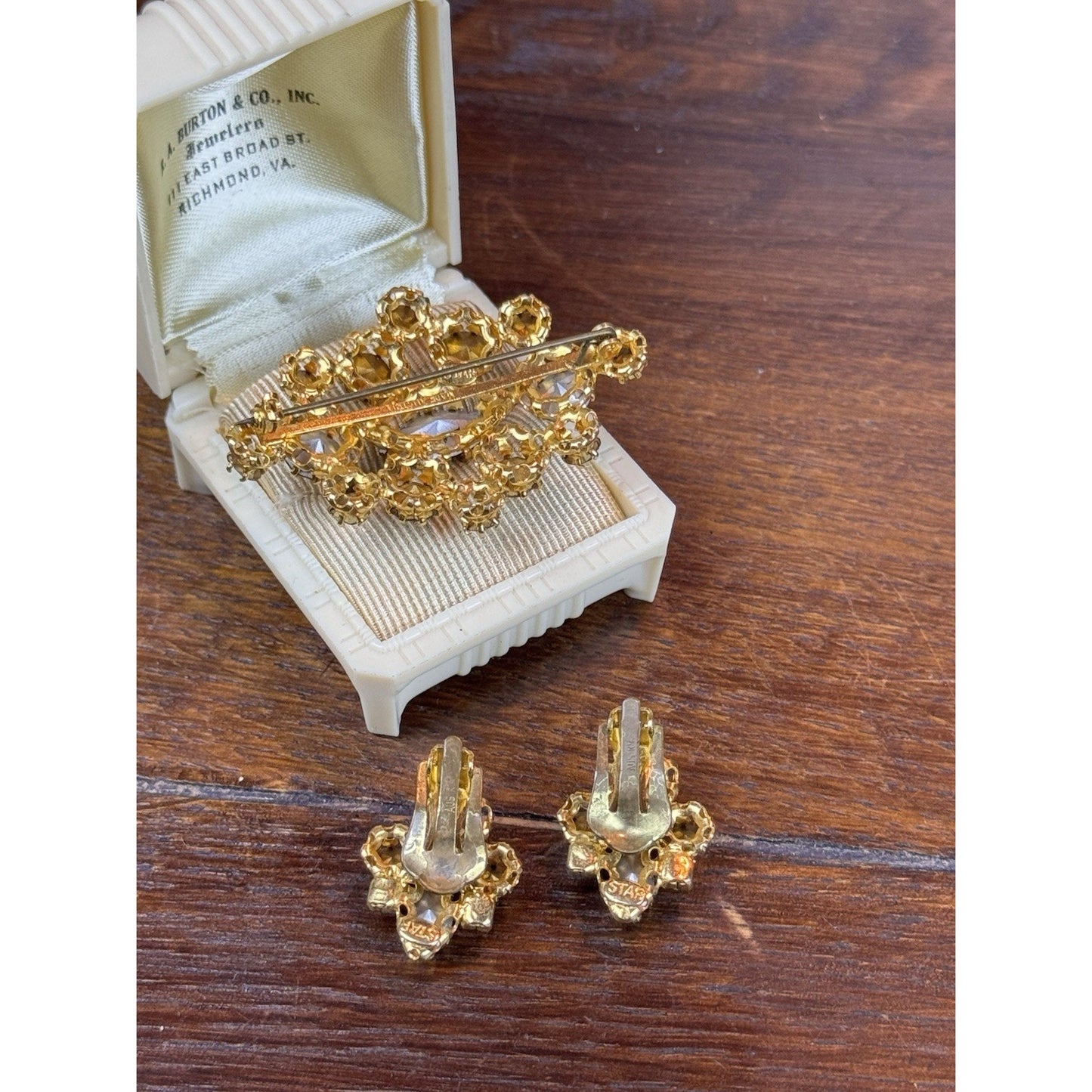 Vintage STAR Austria Brooch Earrings Set AB Rhinestone Goldtone 2” Demi Parure