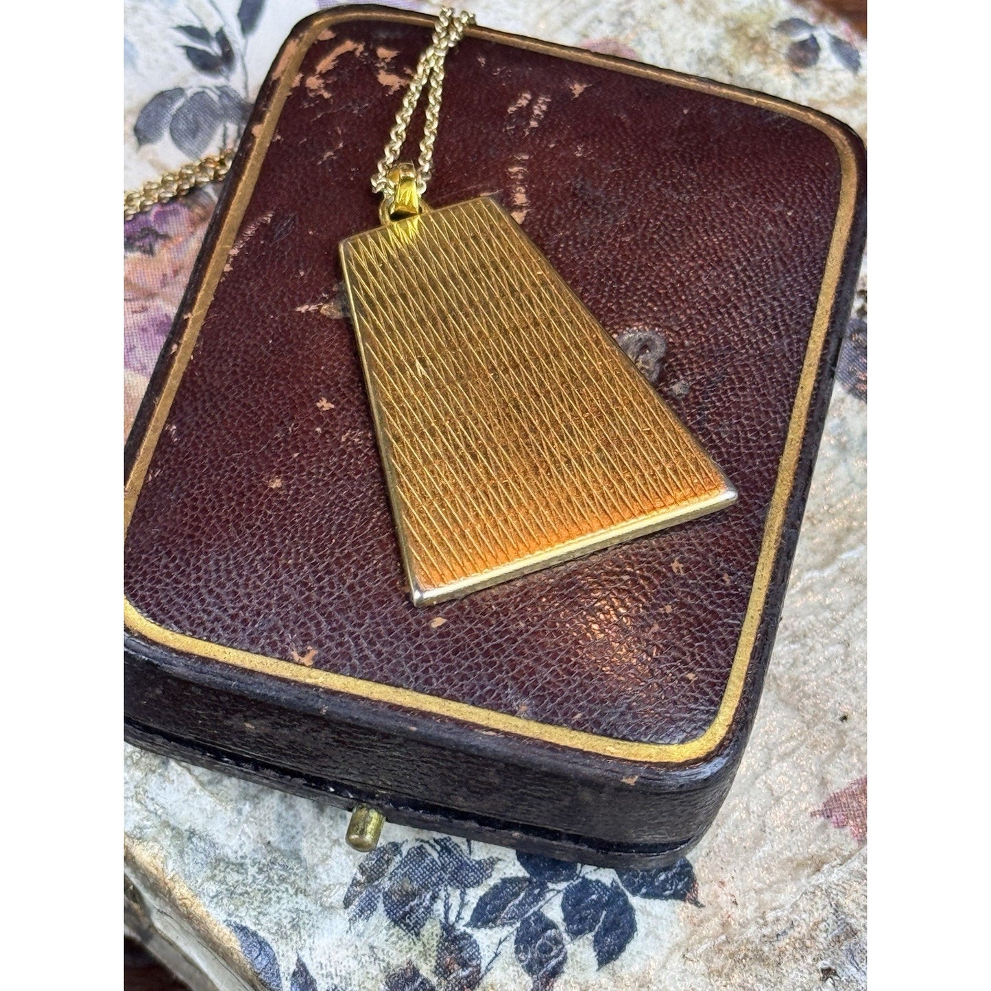 Vintage Damascene Bird Flower Pendant Necklace Gold Filled Chain 18”