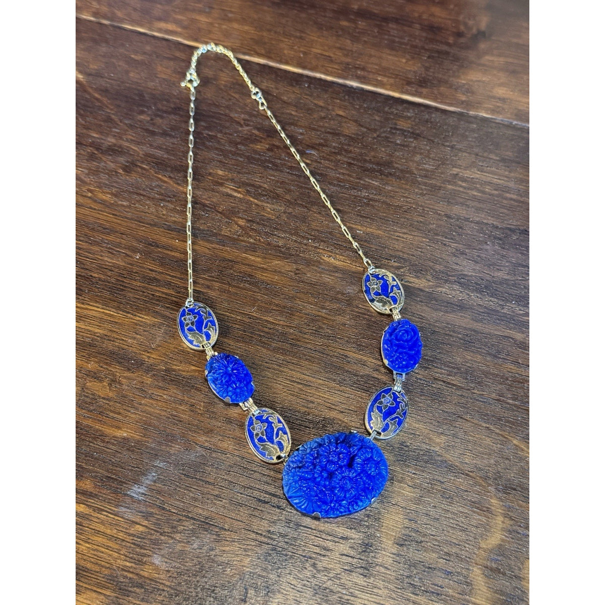 Vintage Czech Necklace Blue Pressed Glass Floral Enamel Goldtone Art Deco 16”