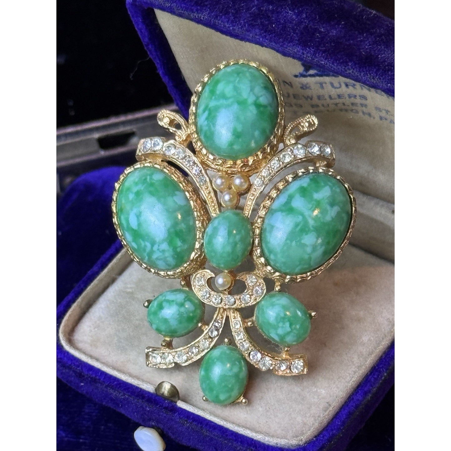 Vintage Green Lucite Brooch Goldtone Faux Pearl Rhinestone Statement Pin 2.25”