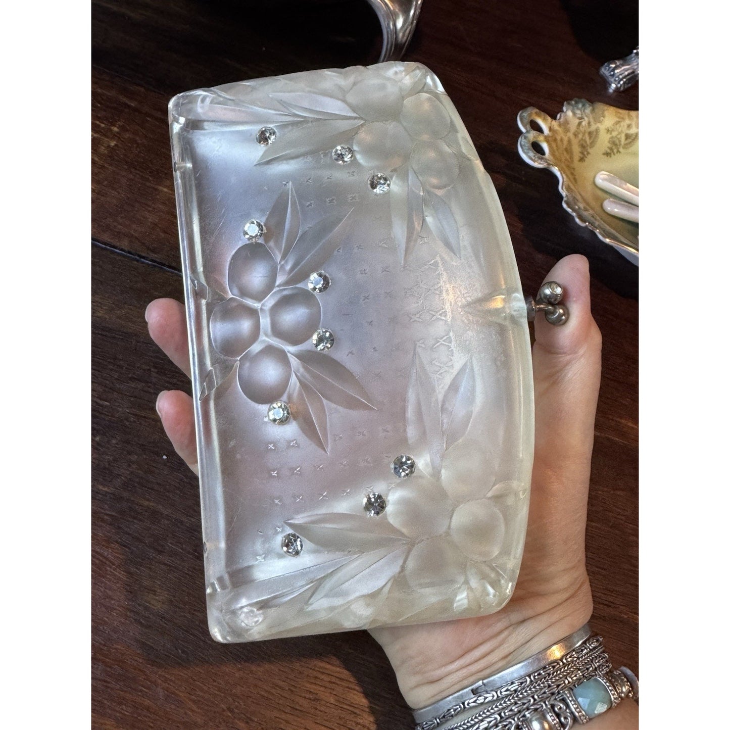 Vintage Lucite Rhinestone Clutch Purse Frosted Floral Clear Evening Handbag